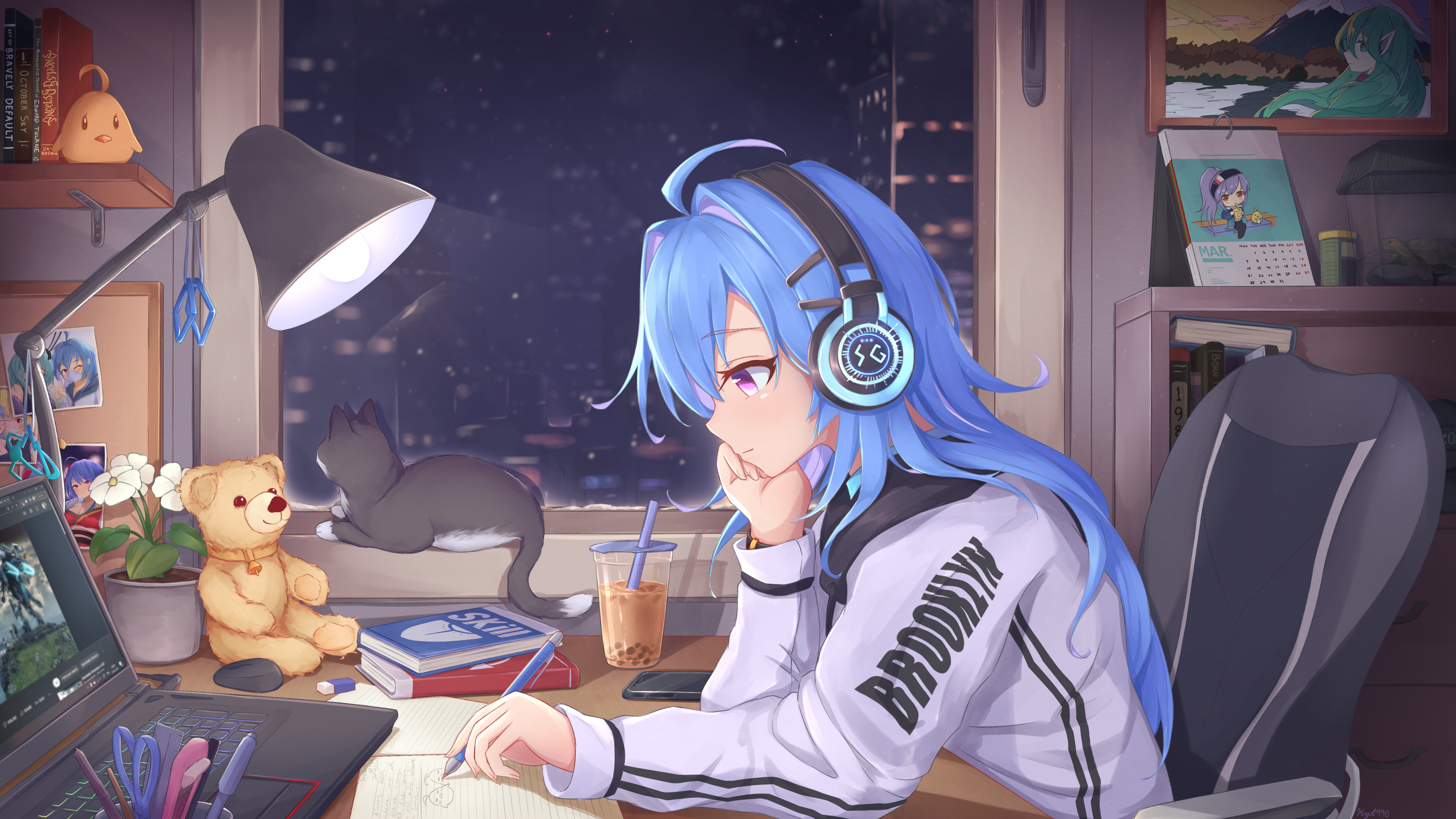 kyl490, boise (azur lane), cleveland (azur lane), essex (a trip down route 66) (azur lane), essex (azur lane), helena (azur lane), manjuu (azur lane), st. louis (azur lane), st. louis (spirits in the snow) (azur lane), azur lane, lofi girl (youtube), xenoblade chronicles (series), xenoblade chronicles x, youtube, absurdres, commentary, english commentary, highres, 1girl, alternate costume, bell, black cat, blue hair, book, bookshelf, bubble tea, bulletin board, calendar (object), cat, cellphone, chair, city, city lights, clothes writing, collar, computer, computer mouse, defensive skill book (azur lane), desk, desk lamp, drawer, drinking straw, eraser, flower, from side, hair ornament, headphones, indoors, jingle bell, lamp, laptop, left-handed, long sleeves, night, night sky, offensive skill book (azur lane), official alternate costume, paper, pen, pencil, phone, photo (object), plant, potted plant, scissors, sitting, sky, skyline, smartphone, solo, stuffed animal, stuffed toy, sweater, table, teddy bear, white sweater, window, wireless mouse