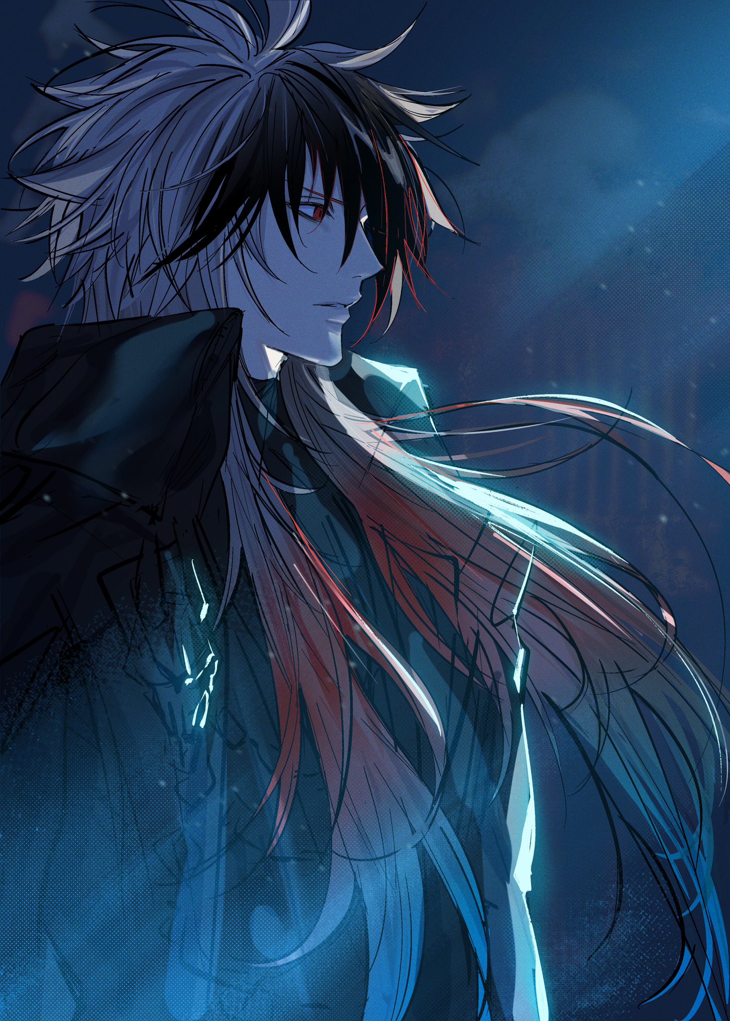 onohino, fate/grand order, fate (series), highres, 1boy, black hair, coat, gradient hair, kondou isami (fate), kondou isami (first ascension) (fate), long hair, male focus, multicolored hair, red eyes, red hair, solo, white hair