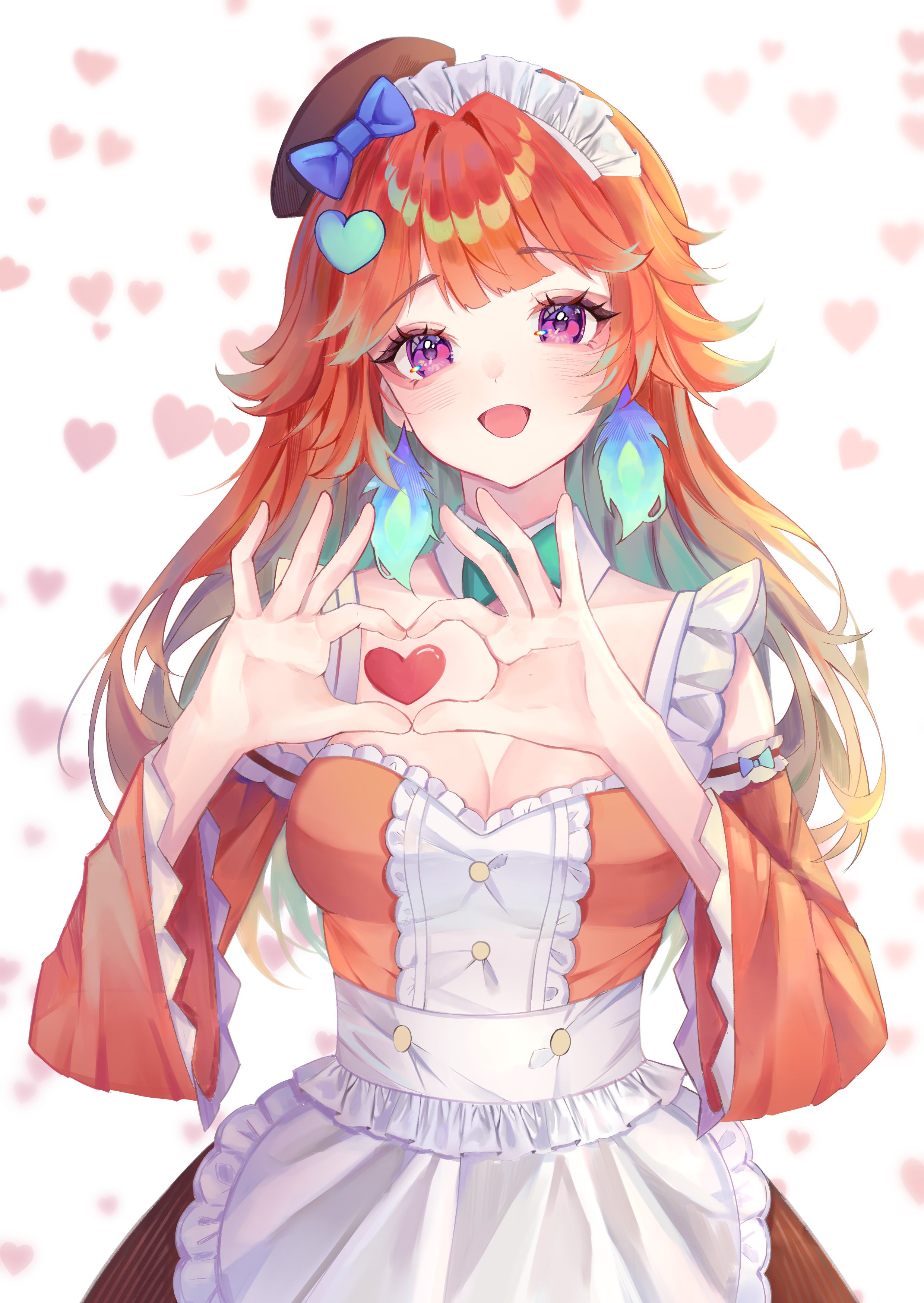 pwequu, takanashi kiara, hololive, hololive english, absurdres, highres, 1girl, alternate costume, apron, beret, blue bow, bow, breasts, cleavage, colored inner hair, detached collar, dress, earrings, enmaided, feather earrings, feathers, green hair, hair bow, hat, heart, heart hands, jewelry, large breasts, long hair, looking at viewer, maid, maid headdress, multicolored hair, open mouth, orange dress, orange hair, purple eyes, solo, virtual youtuber, waist apron, white apron