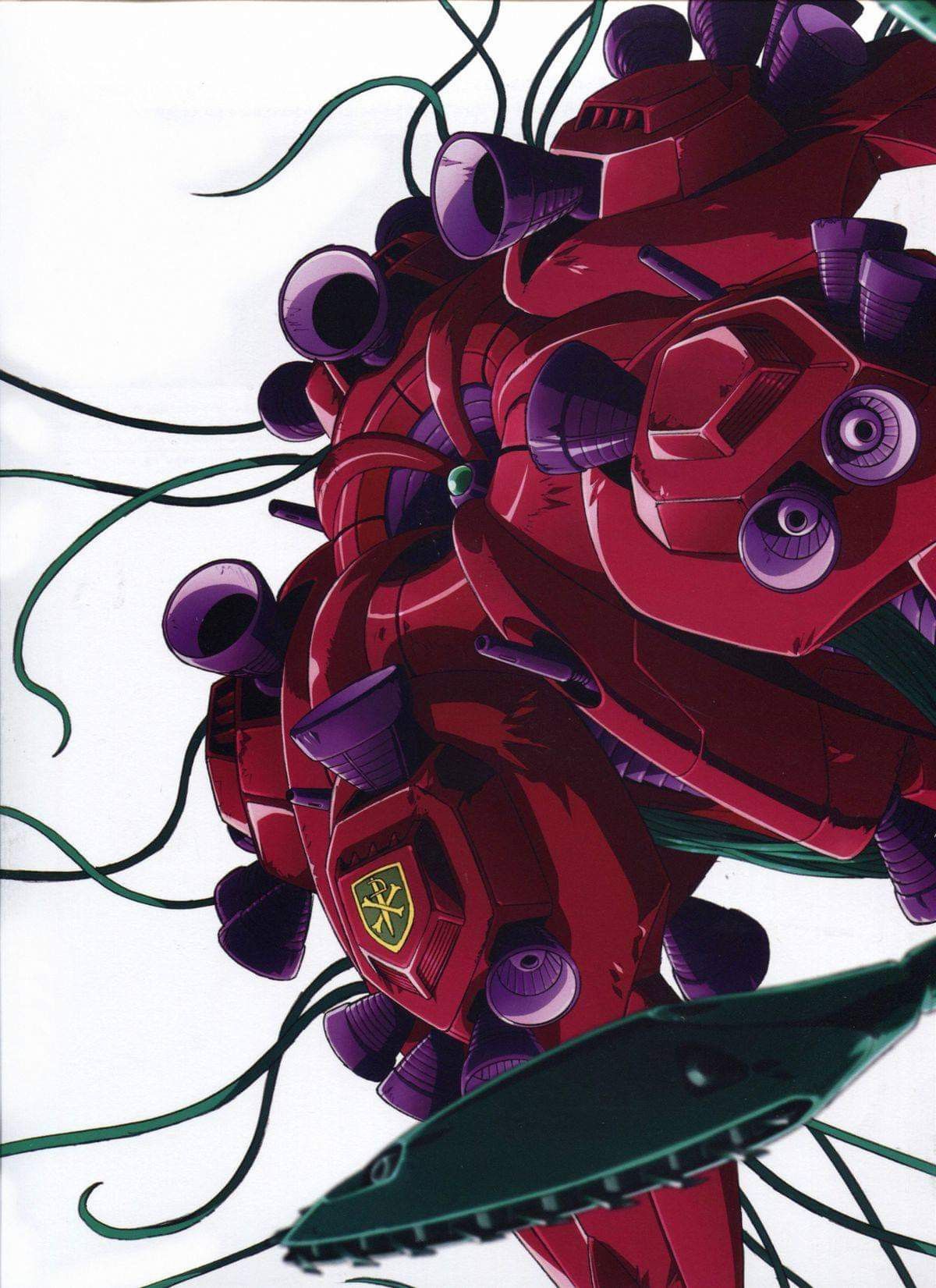 katoki hajime, gundam, gundam f91, highres, official art, promotional art, scan, 1990s (style), blurry, blurry foreground, cable, crossbone vanguard, damaged, dirty, emblem, machinery, mecha, mecha focus, mobile armor, no humans, rafflesia (gundam), retro artstyle, robot, roundel, science fiction, tentacles, thrusters, vernier thrusters, white background