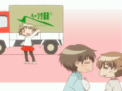 yuno (hidamari sketch), hidamari sketch, animated, animated gif, anime screenshot, lowres, 00s, 1boy, 2girls, jumping, motor vehicle, multiple girls, pantyhose, smile, tears, truck, waving, wide face