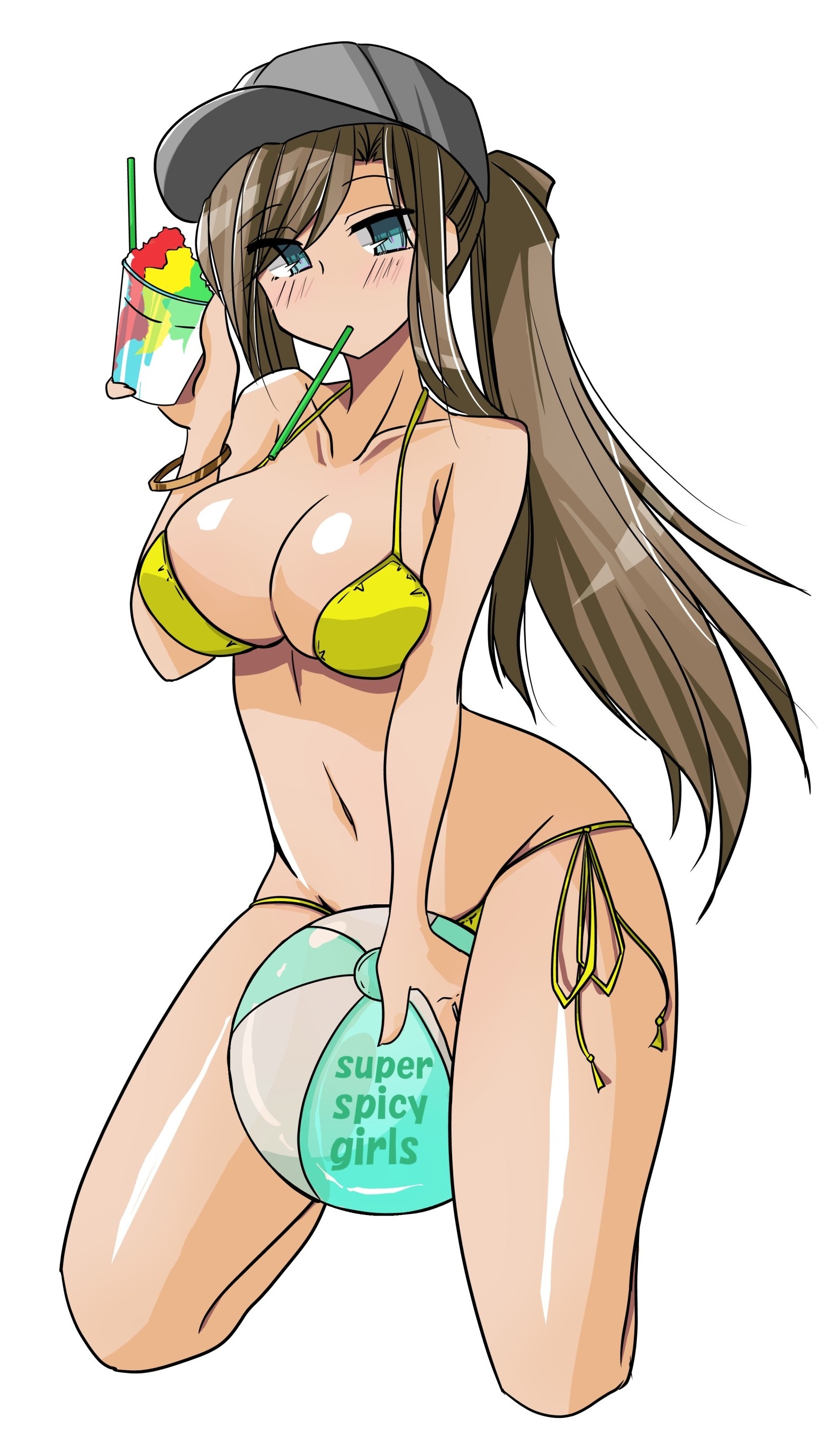 r2ndmix, original, absurdres, commentary request, highres, ball, baseball cap, beachball, between thighs, bikini, blue eyes, breasts, brown hair, food, grey hat, hat, large breasts, lowleg, lowleg bikini, mouth hold, ponytail, shaved ice, side-tie bikini bottom, simple background, swimsuit, white background, yellow bikini