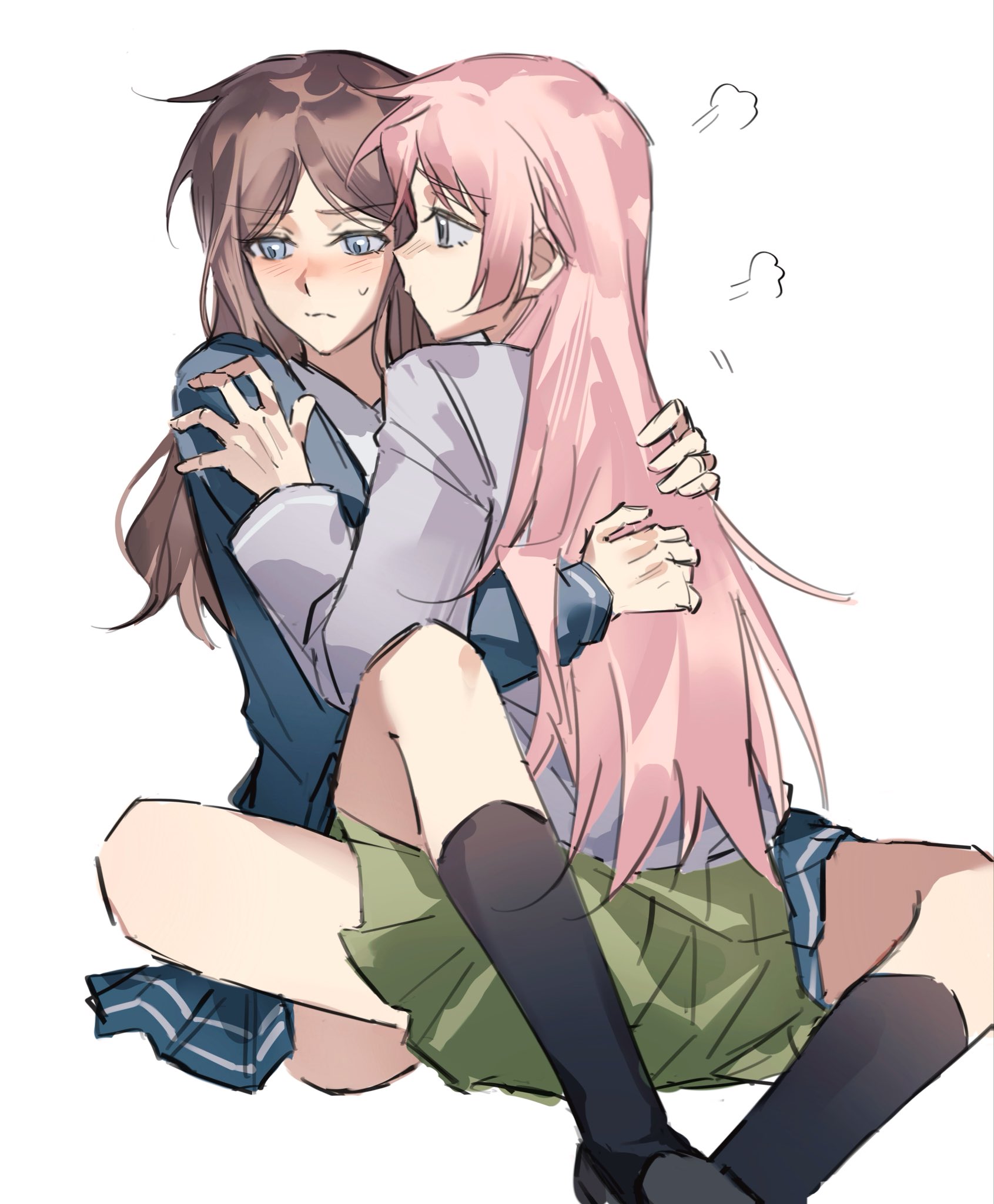 shiba257, chihaya anon, nagasaki soyo, bang dream!, bang dream! it's mygo!!!!!, highres, 2girls, black socks, blue eyes, blue shirt, blue skirt, blush, brown hair, closed mouth, green skirt, grey eyes, grey jacket, haneoka school uniform, hug, jacket, kneehighs, long hair, multiple girls, pink hair, puff of air, school uniform, shirt, sidelocks, simple background, sitting, sitting between lap, skirt, socks, sweatdrop, tsukinomori school uniform, white background, yuri