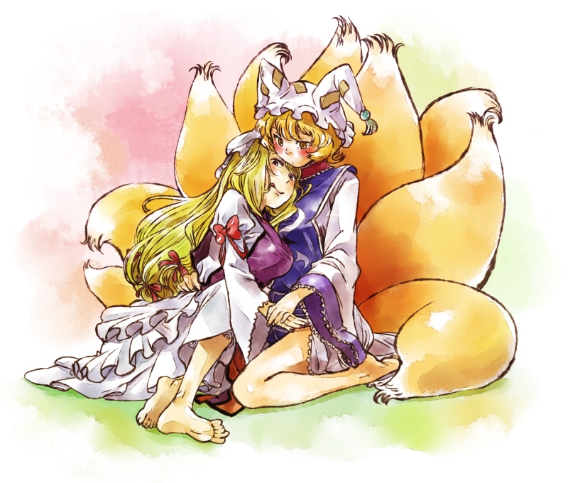yukataro, yakumo ran, yakumo yukari, touhou, bad id, bad pixiv id, 2girls, :q, barefoot, blush, feet, female focus, multiple girls, tongue, tongue out, yuri