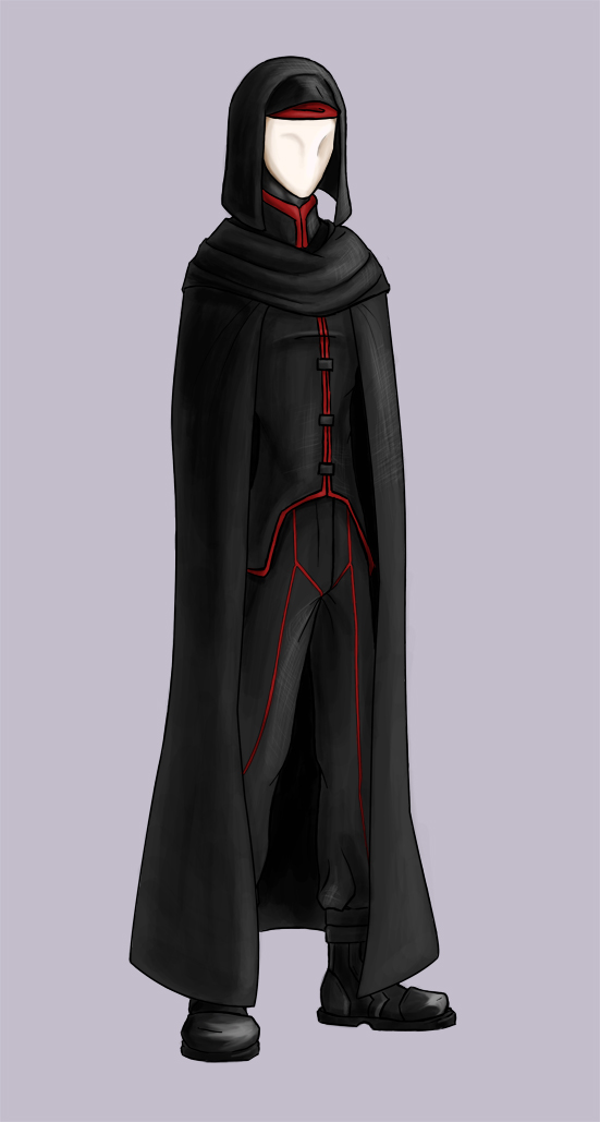 vastale, vacant sky, uniform, cloak, hood, male focus, mask, solo, virad
