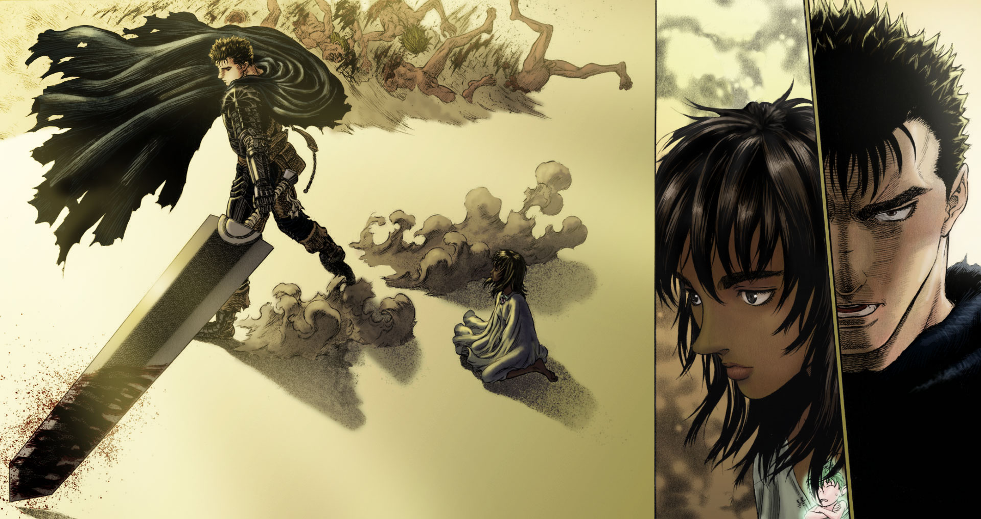 casca (berserk), guts (berserk), berserk, highres, 1990s (style), 1boy, 1girl, armor, black hair, blood, cape, dark skin, death, dragonslayer (sword), male focus, sword, weapon