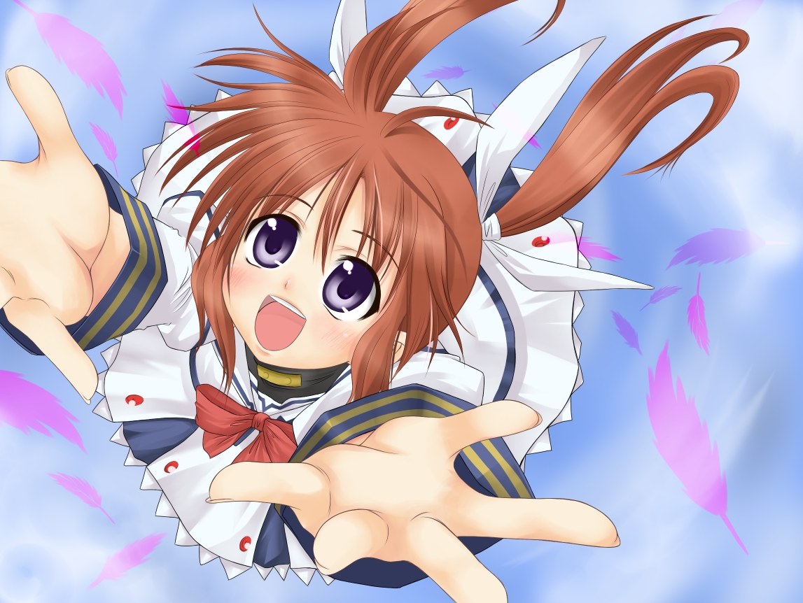 tadokoro teppei, takamachi nanoha, takamachi nanoha (original mode), lyrical nanoha, mahou shoujo lyrical nanoha, bad id, bad pixiv id, 00s, blue eyes, bow, brown hair, feathers, from above, hair ribbon, outstretched arms, ribbon, solo, spread arms, twintails