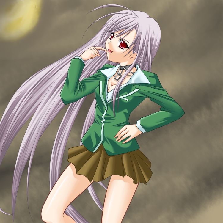 tadokoro teppei, akashiya moka, inner moka, rosario+vampire, light purple hair, bad id, bad pixiv id, 00s, 1girl, blazer, breasts, choker, cleavage, fang, female focus, green shirt, jacket, long hair, medium breasts, purple hair, red eyes, school uniform, shirt, skirt, solo, very long hair