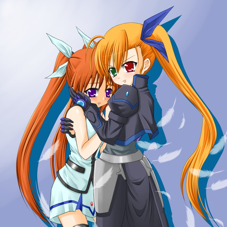 tadokoro teppei, takamachi nanoha, takamachi nanoha (aggressor mode), vivio, lyrical nanoha, mahou shoujo lyrical nanoha, mahou shoujo lyrical nanoha strikers, bad id, bad pixiv id, 00s, aged up, blonde hair, brown hair, feathers, hair ribbon, heterochromia, hug, long hair, ponytail, purple eyes, ribbon, thighhighs, twintails