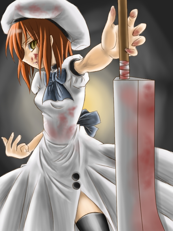 tadokoro teppei, ryuuguu rena, higurashi no naku koro ni, bad id, bad pixiv id, 00s, 1girl, beret, billhook, blood, bow, dress, female focus, hashitsuki nata, hat, hatchet, nata (tool), orange hair, short hair, solo, thighhighs, yandere, yellow eyes