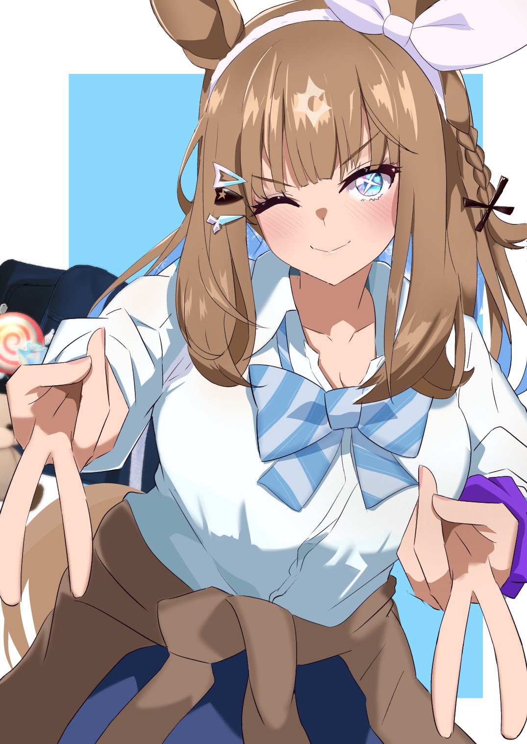 ekazawa sdvx, almond eye (umamusume), umamusume, highres, 1girl, animal ears, blue bow, blue eyes, blue hair, blue skirt, blush, bow, bow hairband, braid, breasts, brown hair, cleavage, closed mouth, clothes around waist, collared shirt, colored inner hair, double v, gyaru, hair between eyes, hair ornament, hairband, hairclip, horse ears, horse girl, horse tail, jacket, jacket around waist, large breasts, long hair, looking at viewer, multicolored hair, one eye closed, shirt, skirt, smile, solo, tail, v, white hairband, white shirt