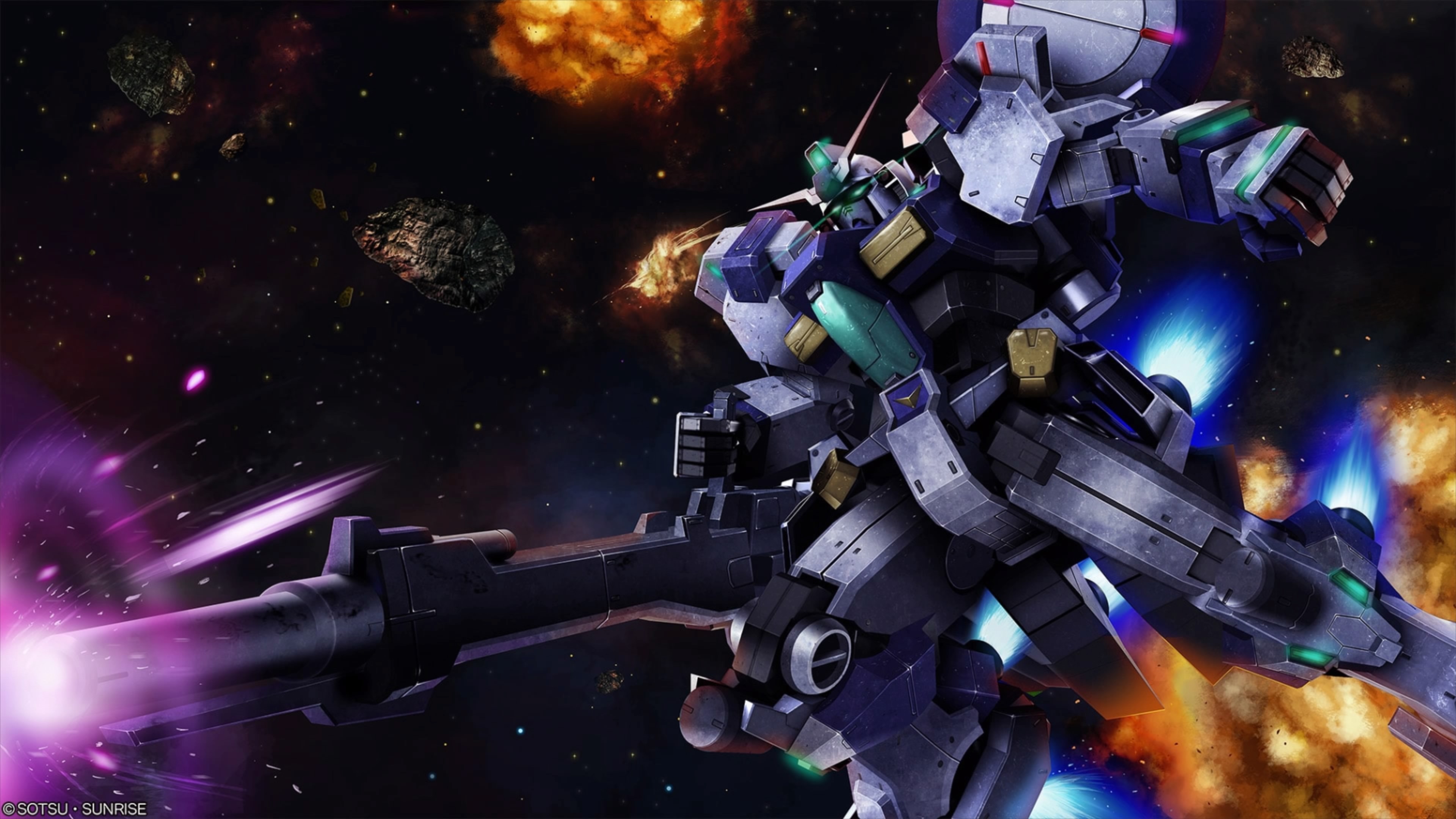 tenjin hidetaka, gundam gp-00 blossom, gundam, gundam 0083, gundam msv, sunrise (company), absurdres, highres, official art, painting (medium), scan, traditional media, asteroid, battle, beam cannon, copyright notice, damaged, dirty, earth federation, energy beam, explosion, firing, gundam battle operation 2, machinery, mecha, mecha focus, mobile suit, nebula, no humans, radome, realistic, robot, science fiction, space, star (sky), thrusters, v-fin, weapon