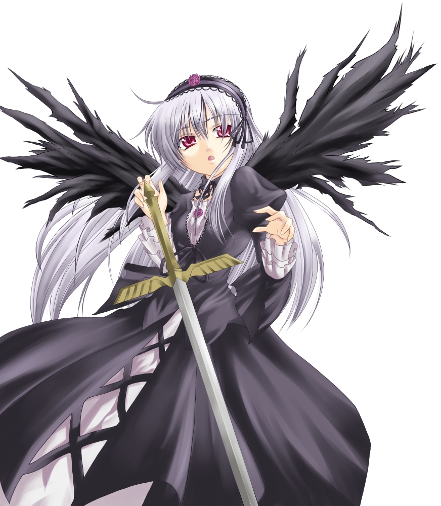 tadokoro teppei, suigintou, rozen maiden, silver hair, 00s, dress, frills, hairband, long hair, purple eyes, solo, sword, weapon, wings