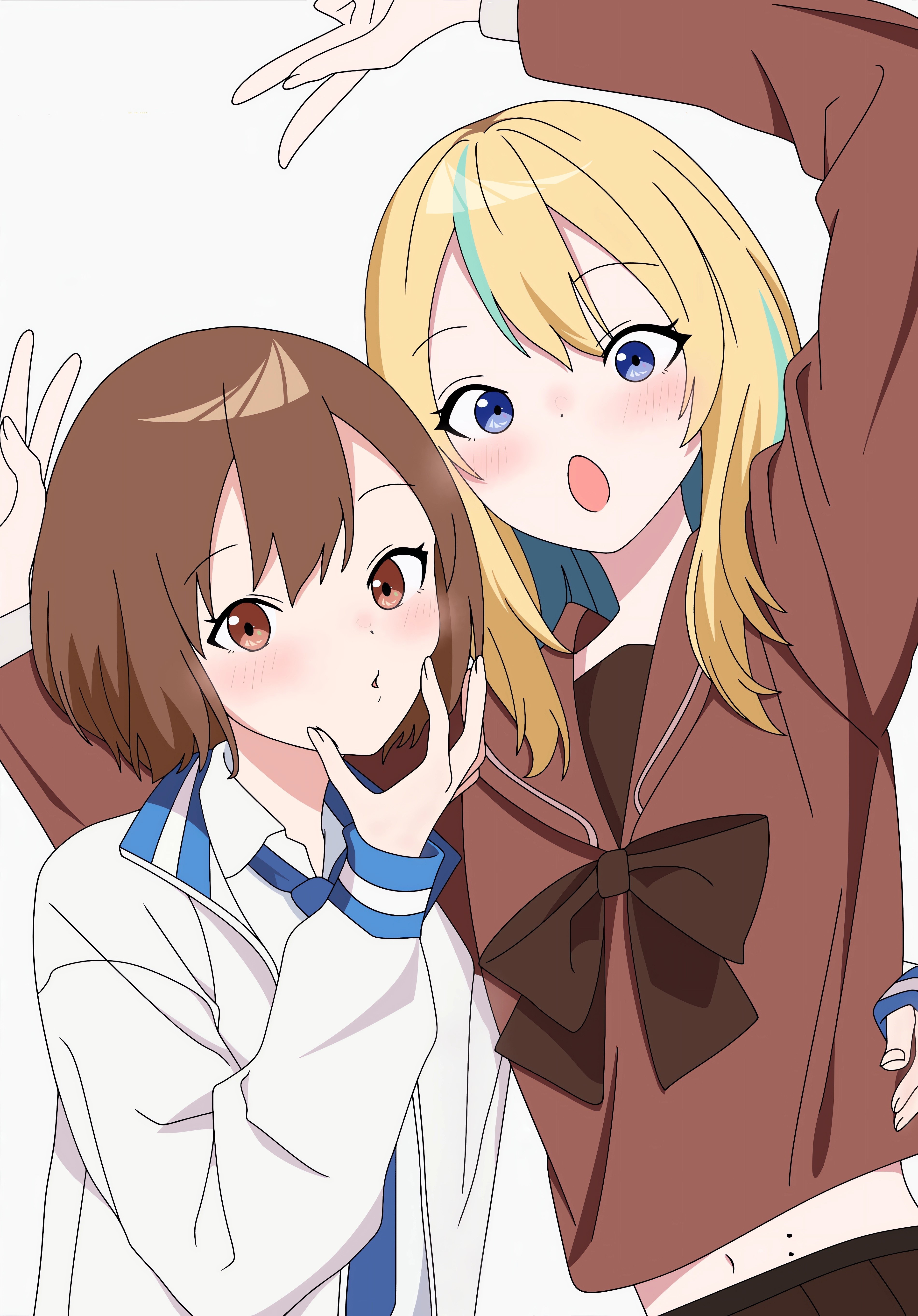 kouzuki mahiru, yamanouchi kano, yoru no kurage wa oyogenai, absurdres, commentary request, highres, 2girls, arms up, blonde hair, blue hair, blue necktie, blush, bow, bowtie, brown bow, brown bowtie, brown eyes, brown hair, brown sailor collar, brown shirt, colored inner hair, cosplay, costume switch, dan yui, jacket, long hair, long sleeves, midriff, mole, mole on stomach, multicolored hair, multiple girls, navel, necktie, open mouth, sailor collar, school uniform, serafuku, shirt, short hair, simple background, streaked hair, white background, white jacket
