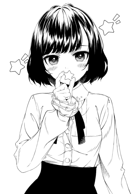 amamiya chiharu, original, 1girl, blush, breasts, buttons, holding, holding star, long sleeves, monochrome, short hair, simple background, small breasts, solo, star (symbol)