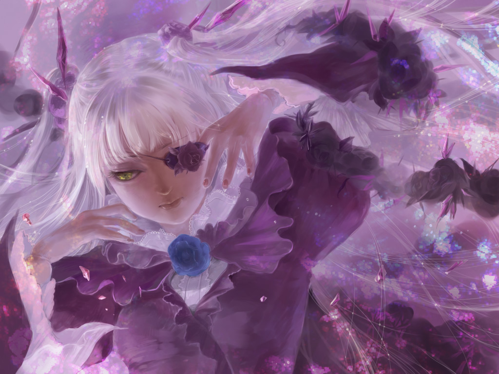 8981, barasuishou, rozen maiden, bad id, bad pixiv id, 00s, doll joints, dress, eyepatch, frills, joints, solo, twintails, two side up, white hair, yellow eyes
