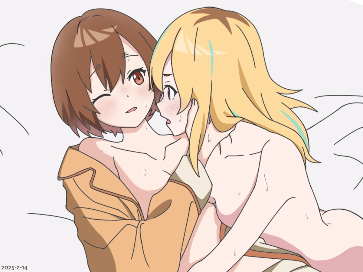 kouzuki mahiru, yamanouchi kano, yoru no kurage wa oyogenai, commentary request, derivative work, mixed-language commentary, 2girls, blonde hair, blue eyes, blue hair, blush, breasts, brown eyes, brown hair, brown shirt, collarbone, dan yui, dated, long hair, medium breasts, multicolored hair, multiple girls, nude, one eye closed, open mouth, roots (hair), shirt, short hair, streaked hair, sweat, yuri