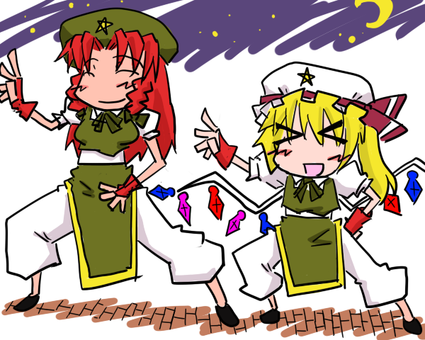 bakuya, flandre scarlet, hong meiling, embodiment of scarlet devil, touhou, > <, > <, 2girls, :d, blonde hair, closed eyes, cosplay, female focus, hat, hong meiling (cosplay), imitating, multiple girls, open mouth, red hair, side ponytail, smile, wings, xd