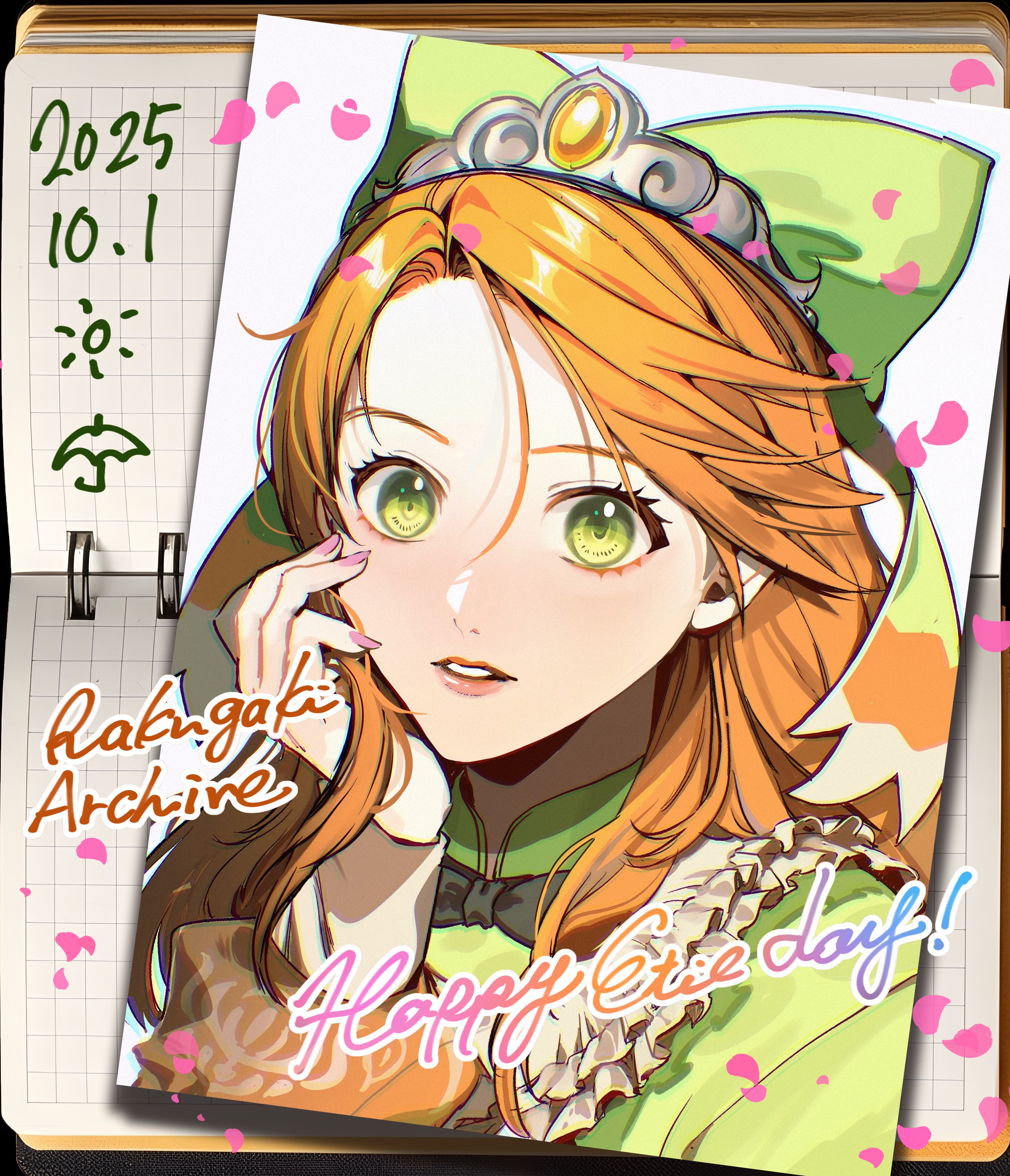 tsuko (25mnts), etie (fire emblem), fire emblem, fire emblem engage, nintendo, absurdres, highres, 1girl, black bow, black bowtie, bow, bowtie, dated, green bow, green eyes, long hair, looking at viewer, orange hair, swept bangs, tiara