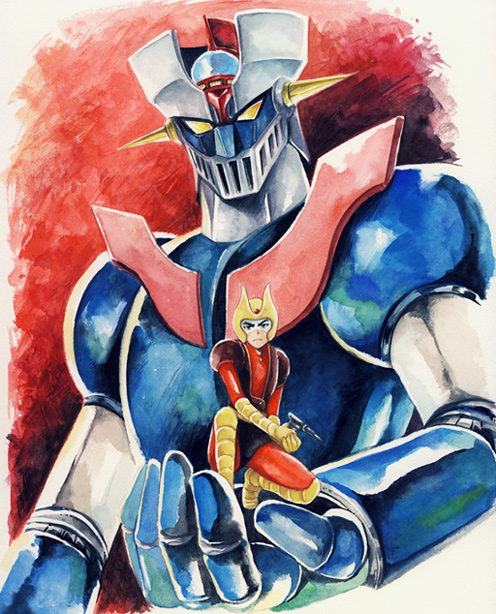 agahari, kabuto kouji, mazinger z (mecha), mazinger (series), mazinger z, toei company, pilot suit, bad id, bad pixiv id, 1970s (style), 1boy, boots, energy gun, gloves, gun, handgun, helmet, looking at viewer, male focus, mecha, official style, oldschool, ray gun, retro artstyle, robot, science fiction, weapon