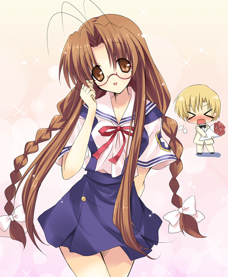 paco, furukawa sanae, sunohara youhei, clannad, > <, 00s, antenna hair, braid, closed eyes, glasses, school uniform, twin braids