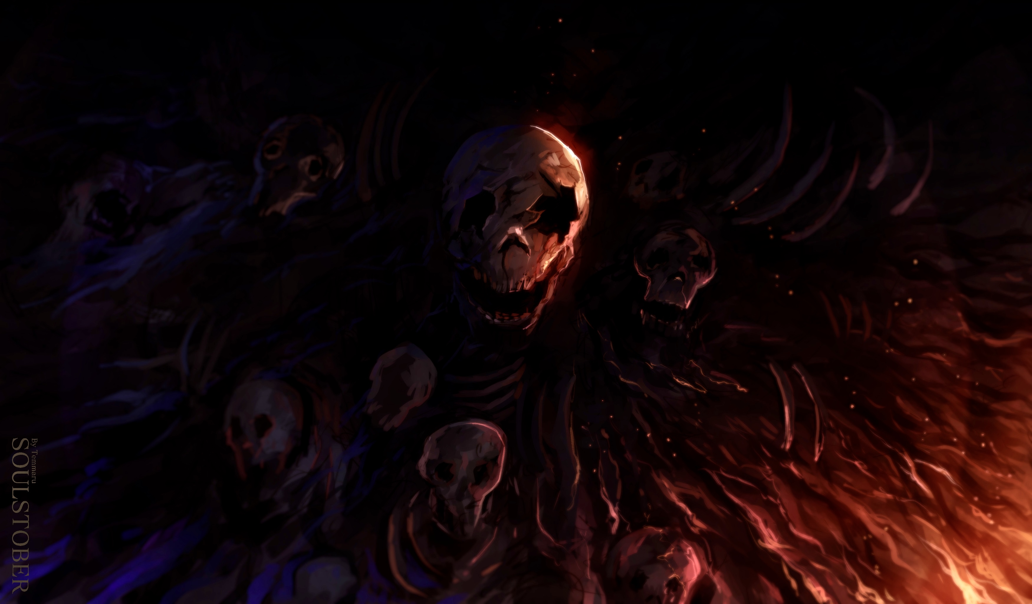 temmaru1, gravelord nito, dark souls (series), dark souls i, absurdres, commentary, english commentary, highres, 1boy, fire, male focus, open mouth, skeleton, skull, solo, undead, upper body