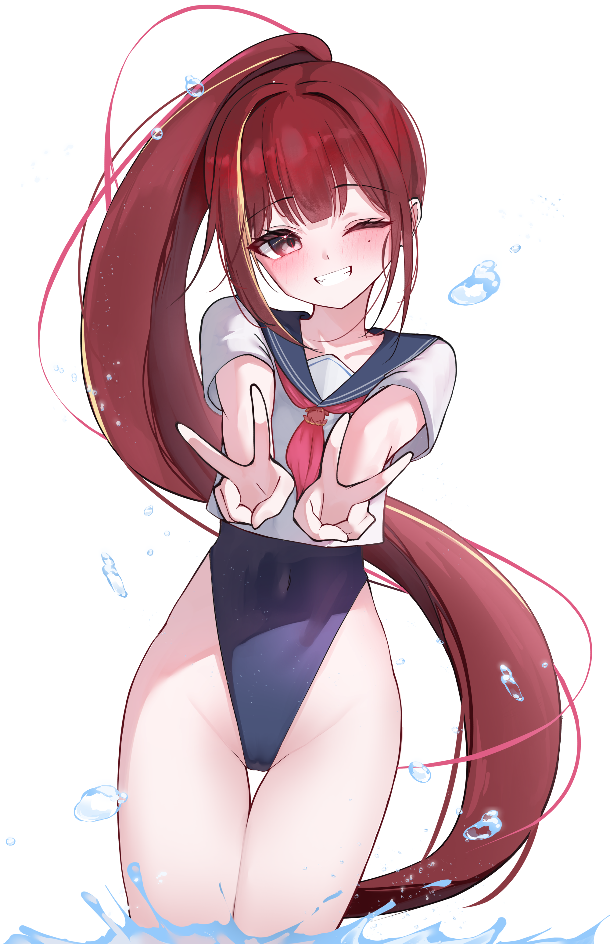yeomhwauranyum, akane lize, stellive, absurdres, highres, 1girl, blue one-piece swimsuit, blue sailor collar, grin, highleg, highleg one-piece swimsuit, long hair, neckerchief, one-piece swimsuit, ponytail, red eyes, red hair, red neckerchief, sailor collar, sailor shirt, school uniform, serafuku, shirt, simple background, smile, solo, swimsuit, thigh gap, very long hair, virtual youtuber, wading, white background
