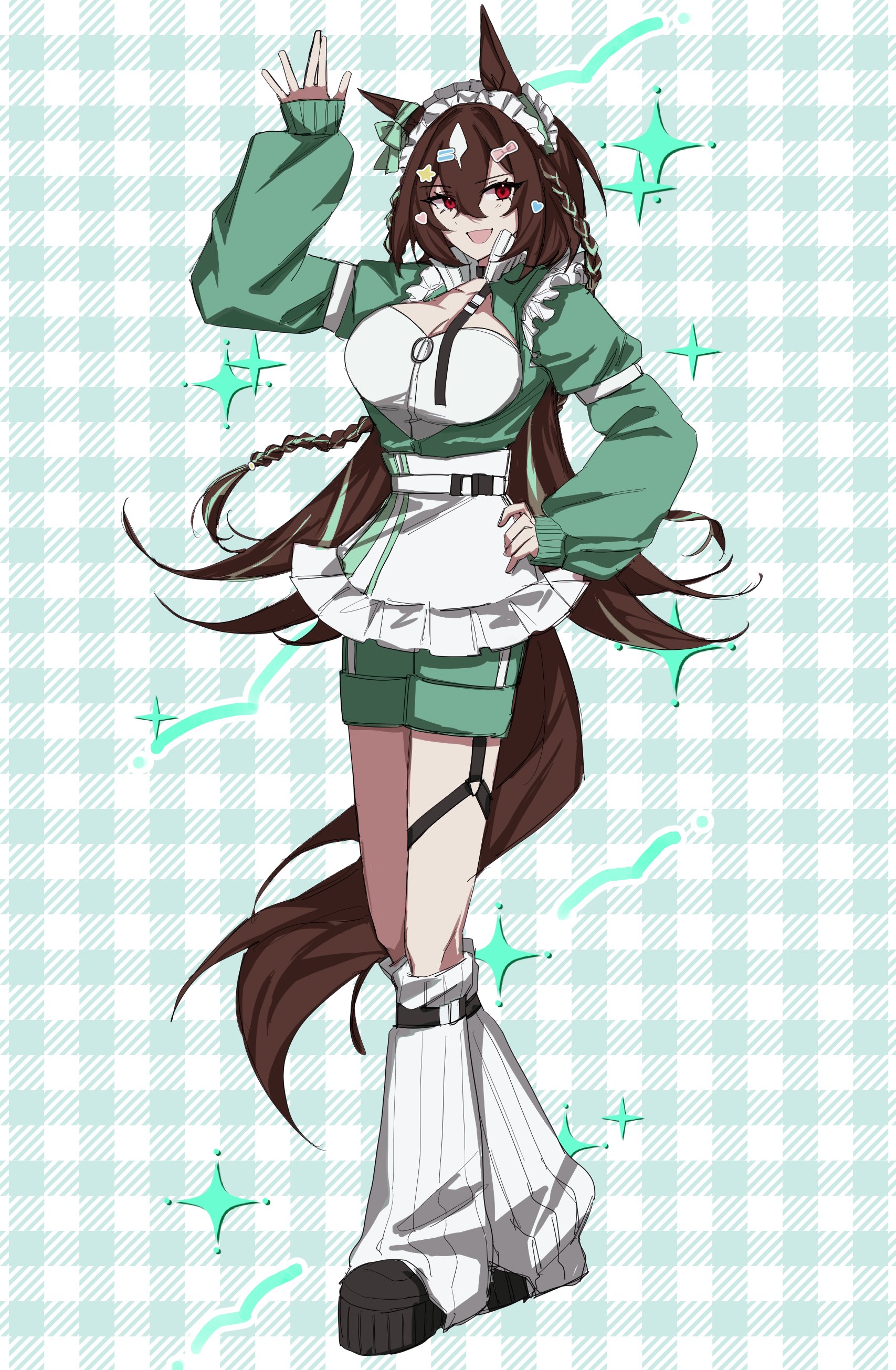 sirius symboli (umamusume), umamusume, absurdres, highres, 1girl, alternate costume, animal ears, apron, bow, braid, breasts, brown hair, brown tail, cleavage, ear bow, ear ornament, frilled apron, frills, full body, green bow, green jacket, green shorts, hair between eyes, hair ornament, horse ears, horse girl, horse tail, jacket, jersey maid, large breasts, leg warmers, long hair, long sleeves, looking at viewer, loose socks, maid, maid apron, maid headdress, multicolored hair, open mouth, pmc um, red eyes, shorts, smile, socks, solo, star (symbol), streaked hair, tail, thigh strap, track jacket, unconventional maid, very long hair, waist apron, white apron, white hair, white headdress, white leg warmers
