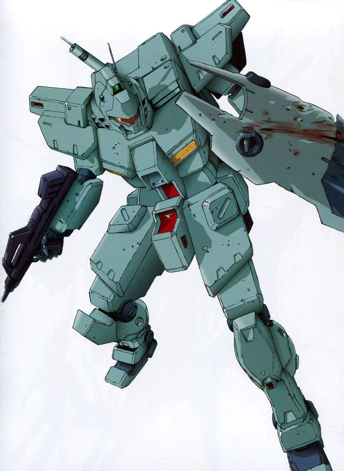 katoki hajime, gm custom, gundam, gundam 0083, highres, official art, promotional art, scan, traditional media, 1990s (style), assault rifle, damaged, dirty, earth federation, gun, machinery, mecha, mecha focus, mobile suit, orange visor, radio antenna, retro artstyle, rifle, robot, science fiction, shield, weapon, white background