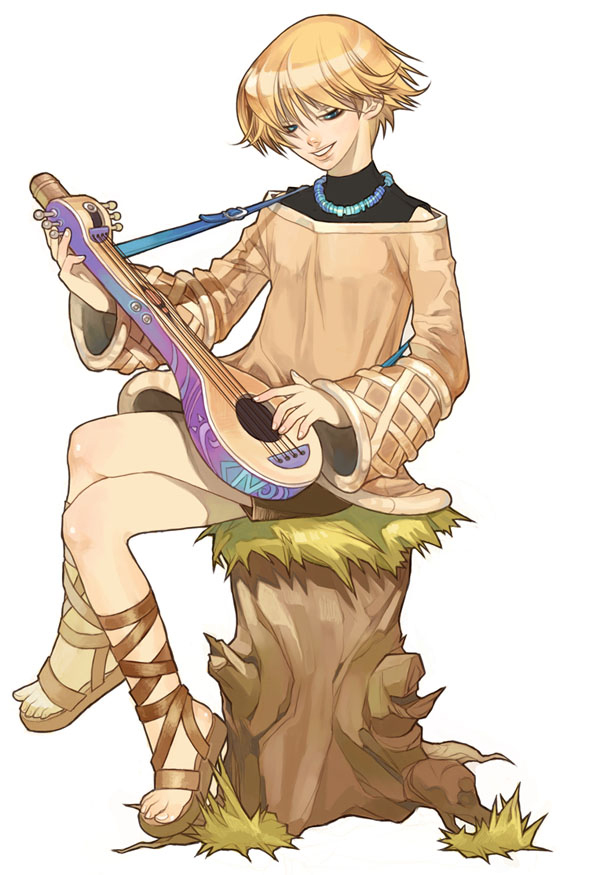 asgard, nexon, artist request, official art, second-party source, 1boy, analogous colors, bard, bard (asgard), black shirt, blonde hair, brown sandals, brown shoes, brown shorts, brown sleeves, cross-laced clothes, cross-laced legwear, crossed legs, fingernails, full body, gladiator sandals, green eyes, impasto, instrument, jewelry, knee blush, lips, long sleeves, looking at viewer, lute (instrument), male focus, music, narrowed eyes, necklace, off-shoulder shirt, off shoulder, on tree stump, parted lips, playing instrument, sandals, shirt, shoes, short hair, shorts, sleeveless, sleeveless shirt, solo, tree stump, turtleneck, turtleneck shirt, undershirt, very short hair, warm colored, white background, wide sleeves
