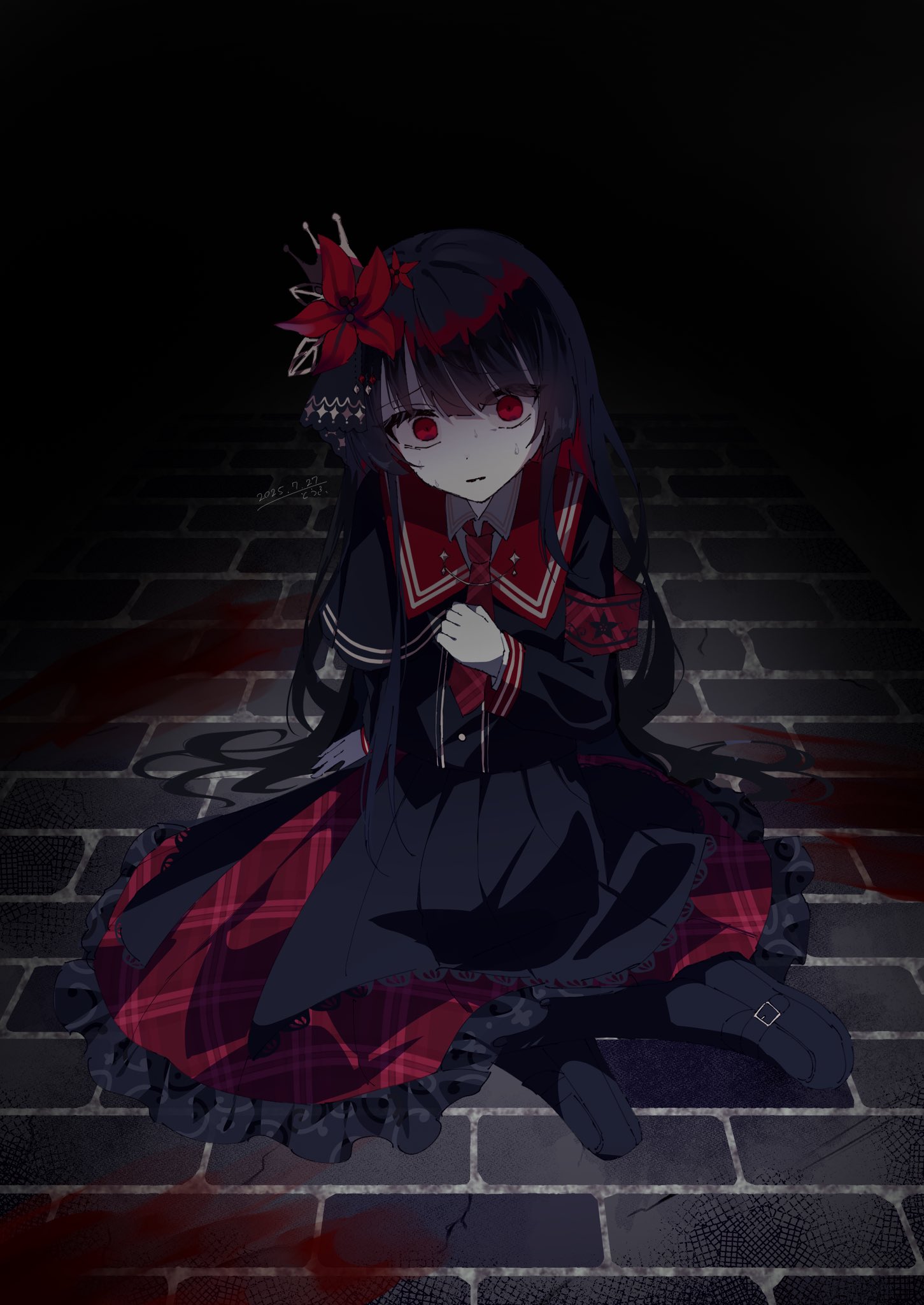 afuuuu, nikaidou hiro, mahou shoujo no majo saiban, highres, 1girl, armband, black dress, black hair, black shoes, blood, blood on ground, crown, dress, flower, hair flower, hair ornament, hime cut, looking at viewer, magical girl, necktie, on floor, red armband, red eyes, red flower, red necktie, scared, shoes, solo, sweat, wide-eyed