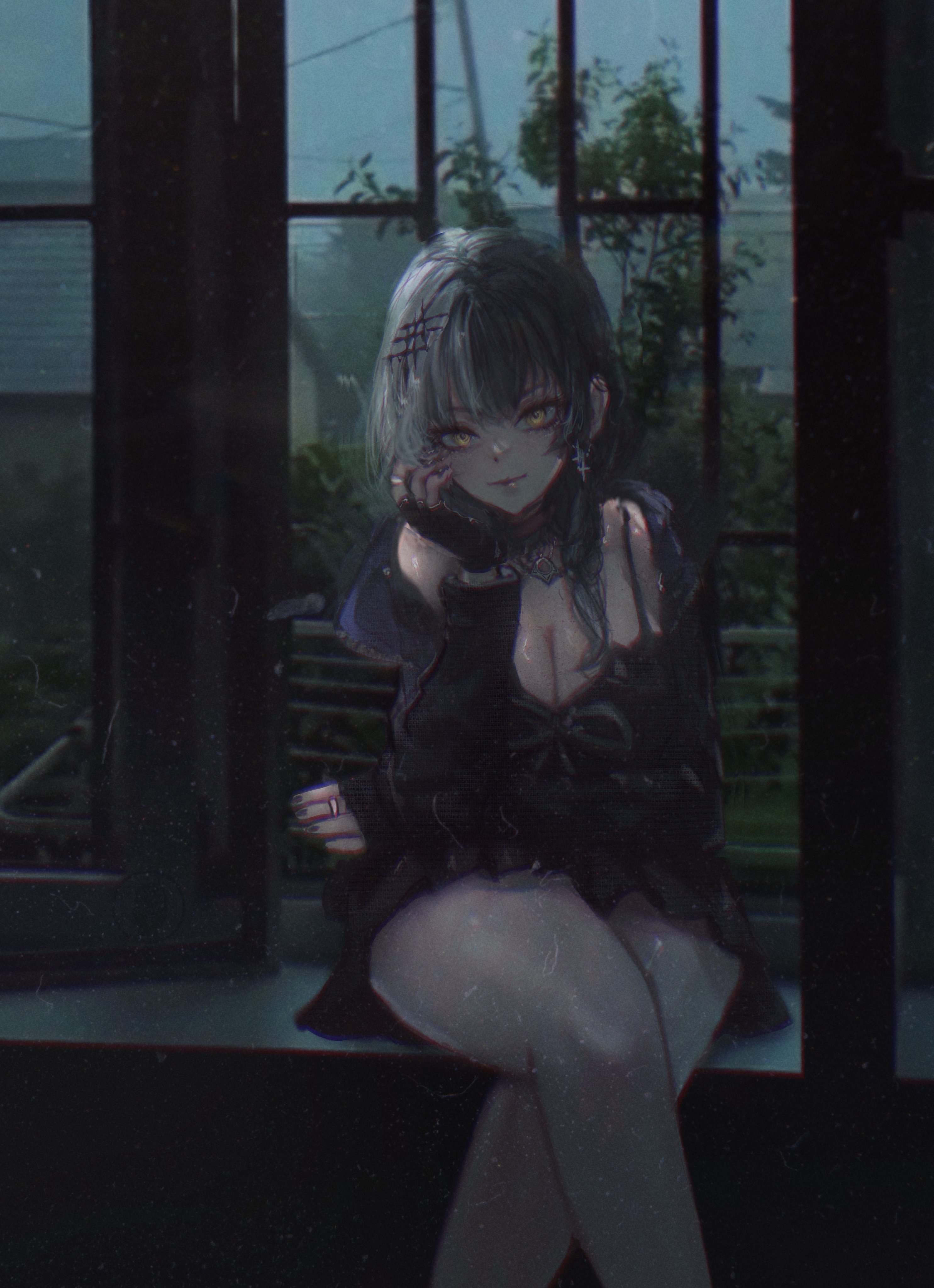 taku artworks, shiori novella, shiori novella (1st costume), hololive, hololive english, absurdres, commentary, english commentary, highres, 1girl, black coat, black hair, breasts, cleavage, closed mouth, coat, crossed legs, earrings, grey hair, hand on own face, head rest, indoors, jewelry, large breasts, multicolored hair, purple coat, ring, sitting, solo, split-color hair, two-tone hair, virtual youtuber, window, yellow eyes