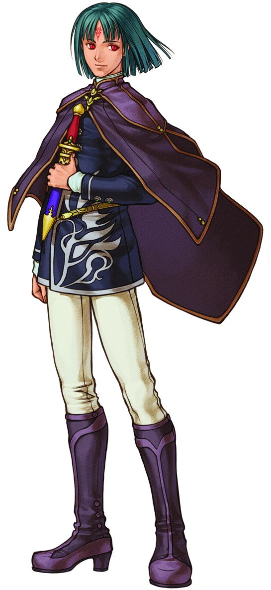 kita senri, kurthnaga (fire emblem), fire emblem, fire emblem: path of radiance, fire emblem: radiant dawn, nintendo, official art, 1boy, bob cut, boots, facial mark, forehead mark, full body, green hair, high heel boots, high heels, holding, holding sword, holding weapon, knife, male focus, prince, purple boots, red eyes, simple background, solo, standing, sword, weapon, white background