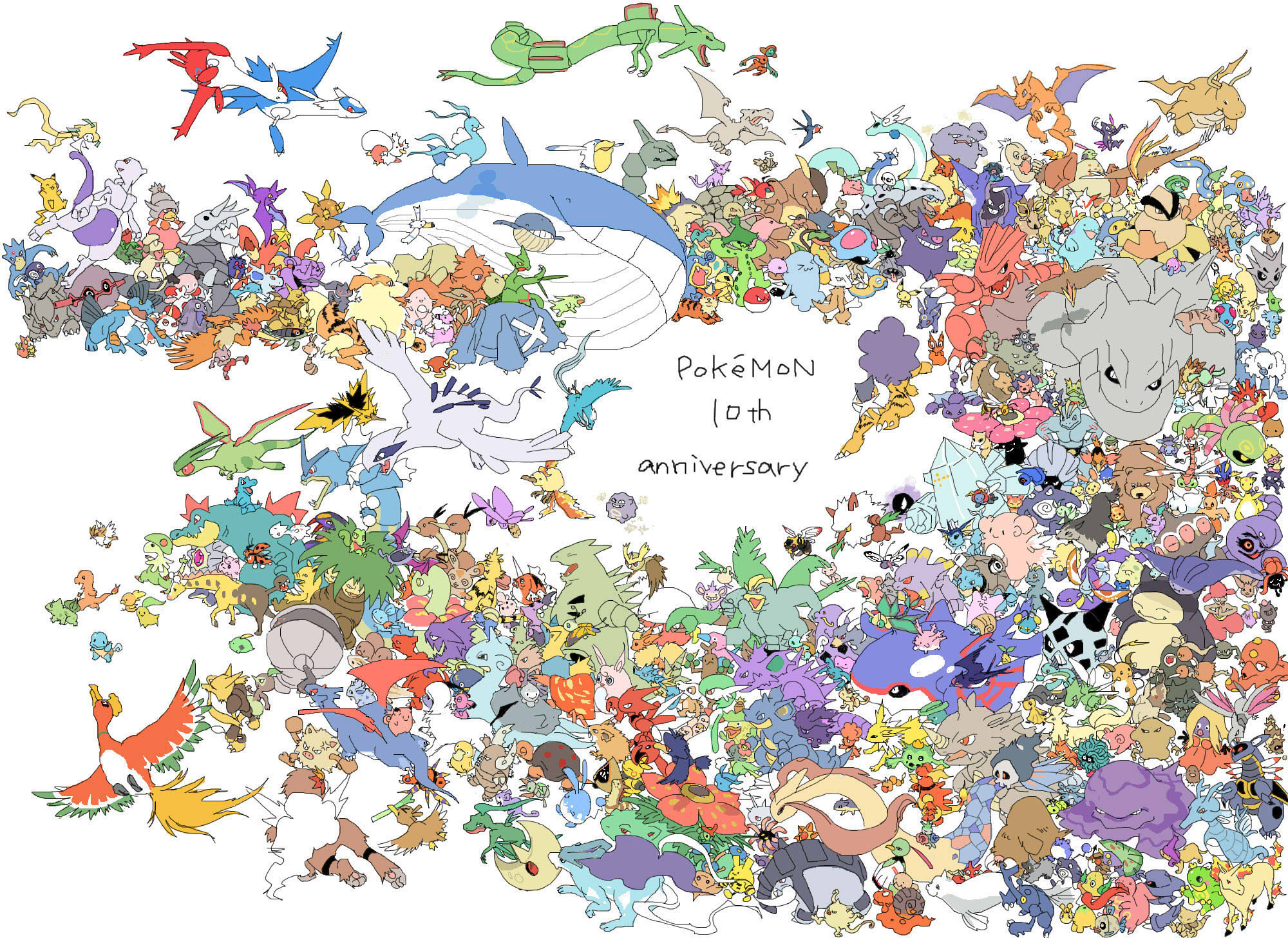 inubue, abra, absol, aerodactyl, aggron, aipom, alakazam, altaria, ampharos, anorith, arbok, arcanine, ariados, armaldo, aron, articuno, azumarill, azurill, bagon, baltoy, banette, barboach, bayleef, beautifly, beedrill, beldum, bellossom, bellsprout, blastoise, blaziken, blissey, breloom, bulbasaur, butterfree, cacnea, cacturne, camerupt, carvanha, cascoon, castform, castform (normal), caterpie, celebi, chansey, charizard, charmander, charmeleon, chikorita, chimecho, chinchou, clamperl, claydol, clefable, clefairy, cloyster, combusken, corphish, corsola, cradily, crawdaunt, crobat, croconaw, cubone, cyndaquil, delcatty, delibird, deoxys, deoxys (normal), dewgong, diglett, ditto, dodrio, doduo, donphan, dragonair, dragonite, dratini, drowzee, dugtrio, dunsparce, dusclops, duskull, dustox, eevee, ekans, electabuzz, electrike, electrode (pokemon), elekid, entei, espeon, exeggcute, exeggutor, exploud, farfetch'd, fearow, feebas, feraligatr, flaaffy, flareon, flygon, forretress, furret, gardevoir, gastly, gengar, geodude, girafarig, glalie, gligar, gloom (pokemon), golbat, goldeen, golduck, golem (pokemon), gorebyss, granbull, graveler, grimer, groudon, grovyle, growlithe, grumpig, gulpin, gyarados, hariyama, haunter, heracross, hitmonchan, hitmonlee, hitmontop, ho-oh, hoothoot, hoppip, horsea, houndoom, houndour, huntail, hypno, igglybuff, illumise, ivysaur, jigglypuff, jirachi, jolteon, jumpluff, jynx, kabuto (pokemon), kabutops, kadabra, kakuna, kangaskhan, kecleon, kingdra, kingler, kirlia, koffing, krabby, kyogre, lairon, lanturn, lapras, larvitar, latias, latios, ledian, ledyba, lickitung, lileep, linoone, lombre, lotad, loudred, ludicolo, lugia, lunatone, luvdisc, machamp, machoke, machop, magby, magcargo, magikarp, magmar, magnemite, magneton, makuhita, manectric, mankey, mantine, mareep, marill, marowak, marshtomp, masquerain, mawile, medicham, meditite, meganium, meowth, metagross, metang, metapod, mew (pokemon), mewtwo, mightyena, milotic, miltank, minun, misdreavus, moltres, mr. mime, mudkip, muk, murkrow, natu, nidoking, nidoqueen, nidoran, nidoran (female), nidoran (male), nidorina, nidorino, nincada, ninetales, ninjask, noctowl, nosepass, numel, nuzleaf, octillery, oddish, omanyte, omastar, onix, paras, parasect, pelipper, persian (pokemon), phanpy, pichu, pidgeot, pidgeotto, pidgey, pikachu, piloswine, pineco, pinsir, plusle, politoed, poliwag, poliwhirl, poliwrath, ponyta, poochyena, porygon, porygon2, primeape, psyduck, pupitar, quagsire, quilava, qwilfish, raichu, raikou, ralts, rapidash, raticate, rattata, rayquaza, regice, regirock, registeel, relicanth, remoraid, rhydon, rhyhorn, roselia (pokemon), sableye, salamence, sandshrew, sandslash, sceptile, scizor, scyther, seadra, seaking, sealeo, seedot, seel, sentret, seviper, shedinja, shelgon, shellder, shiftry, shroomish, shuckle, shuppet, silcoon, skarmory, skiploom, skitty, slaking, slakoth, slowbro, slowking, slowpoke, slugma, smeargle, smoochum, sneasel, snorlax, snorunt, snubbull, solrock, spearow, spheal, spinarak, spinda, spoink, squirtle, stantler, starmie, staryu, steelix, sudowoodo, suicune, sunflora, sunkern, surskit, swablu, swalot, swampert, swellow, swinub, taillow, tangela, tauros, teddiursa, tentacool, tentacruel, togepi, togetic, torchic, torkoal, totodile, trapinch, treecko, tropius, typhlosion, tyranitar, tyrogue, umbreon, unown, unown a, ursaring, vaporeon, venomoth, venonat, venusaur, vibrava, victreebel, vigoroth, vileplume, volbeat, voltorb, vulpix, wailmer, wailord, walrein, wartortle, weedle, weepinbell, weezing, whiscash, whismur, wigglytuff, wingull, wobbuffet, wooper, wurmple, wynaut, xatu, yanma, zangoose, zapdos, zigzagoon, zubat, nintendo, pokemon, pokemon gsc, pokemon rgby, pokemon rse, persian, annotation request, commentary request, highres, 00s, 1990s (style), @ @, absolutely everyone, absurdly detailed composition, anniversary, bird, bone, copyright name, everyone, feathers, fiery hair, fire, flame-tipped tail, fluffy, gen 1 pokemon, gen 2 pokemon, gen 3 pokemon, holding, holding bone, holding spoon, horns, horse, legendary pokemon, mythical pokemon, pokemon (creature), pokemon day, retro artstyle, single horn, spiral-only eyes, spoon, starter pokemon trio, tail, udder