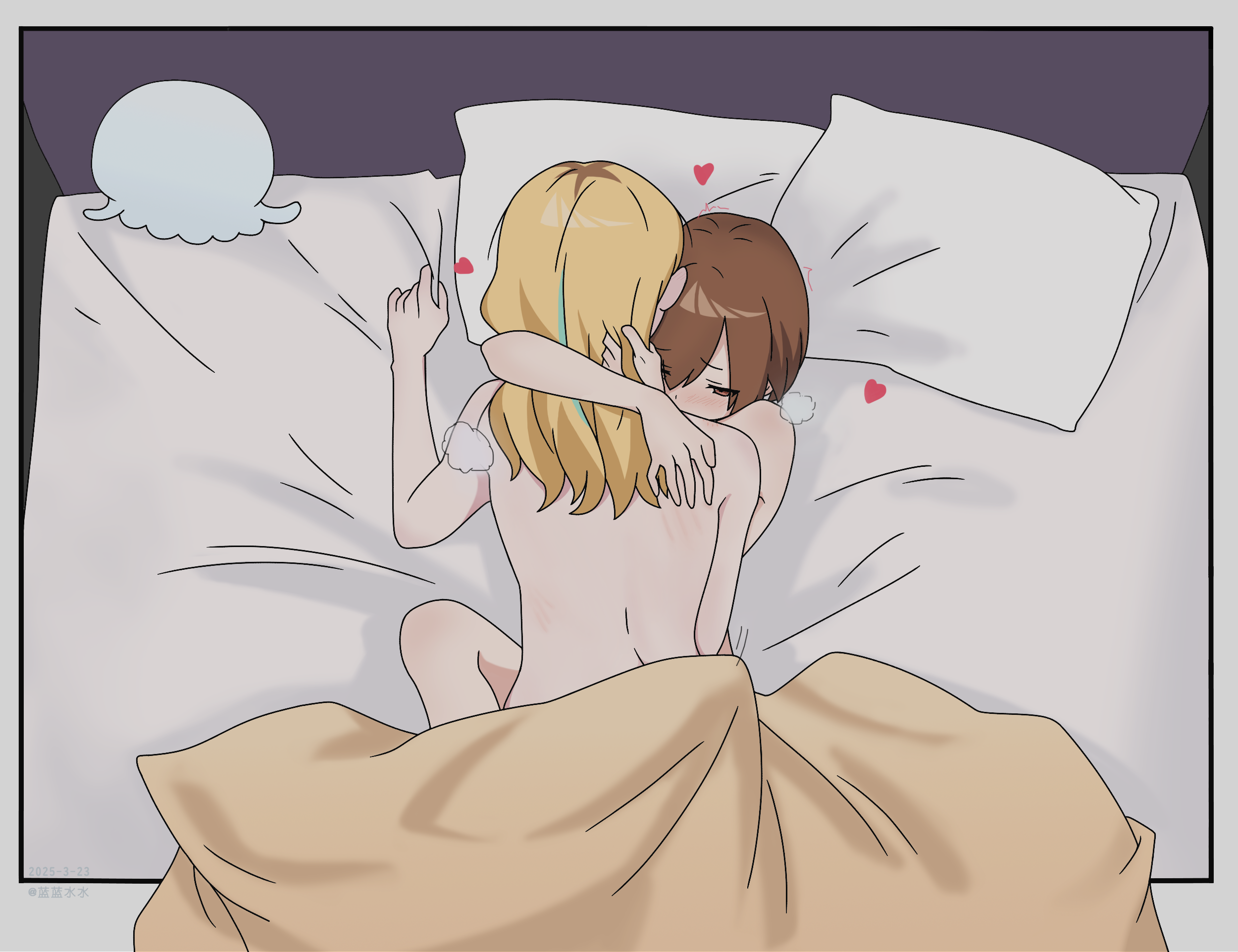 kouzuki mahiru, yamanouchi kano, yoru no kurage wa oyogenai, commentary request, highres, 2girls, blonde hair, blush, brown eyes, brown hair, dan yui, dated, heart, hug, implied fingering, long hair, lying, multicolored hair, multiple girls, nude, on bed, pillow, roots (hair), short hair, yuri