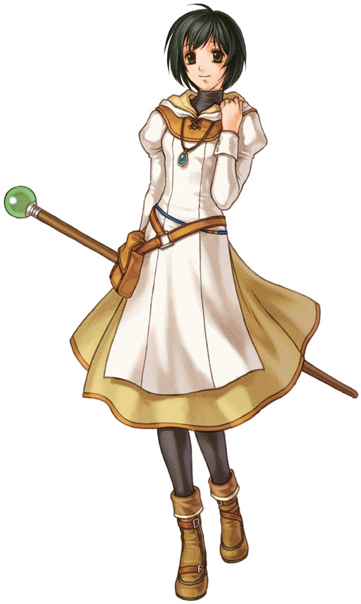 kita senri, laura (fire emblem), fire emblem, fire emblem: radiant dawn, nintendo, official art, 1girl, black hair, black pantyhose, brown eyes, dress, female focus, jewelry, pantyhose, pendant, simple background, smile, solo, staff, white background