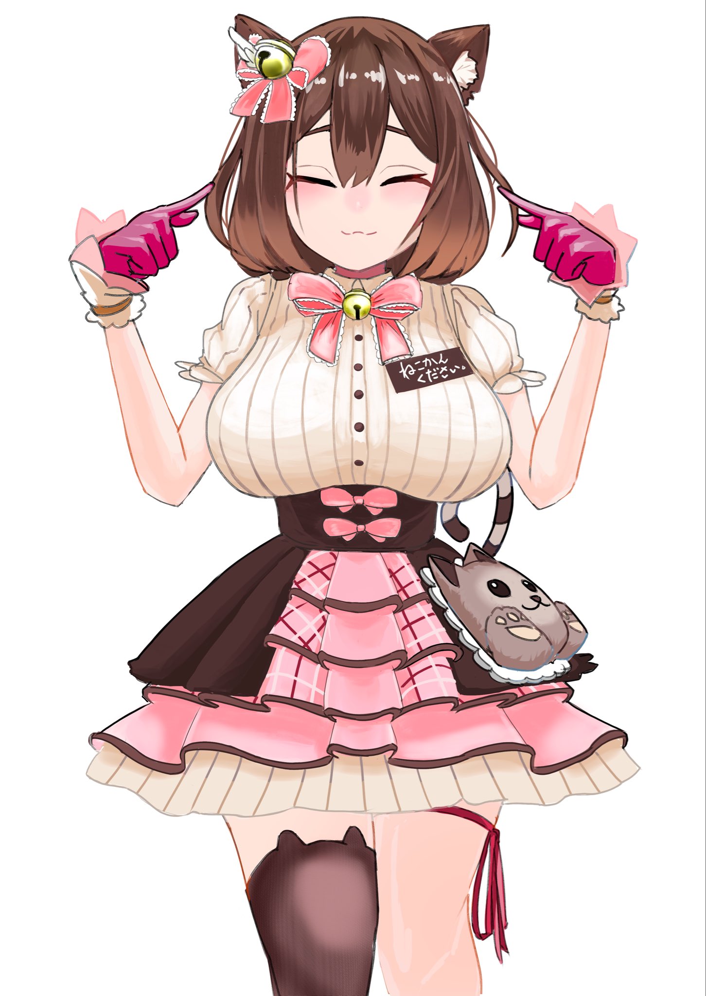 fumino tamaki, nijisanji, highres, 1girl, :3, animal ear fluff, animal ears, bell, blush, breasts, brown hair, cat ears, closed eyes, dress, frilled dress, frills, fumino tamaki (7th costume), hair between eyes, jingle bell, large breasts, leg ribbon, medium hair, neck bell, nose blush, official alternate costume, pointing, pointing at self, ribbon, shun 231017, simple background, single thighhigh, solo, thigh ribbon, thighhighs, virtual youtuber, white background