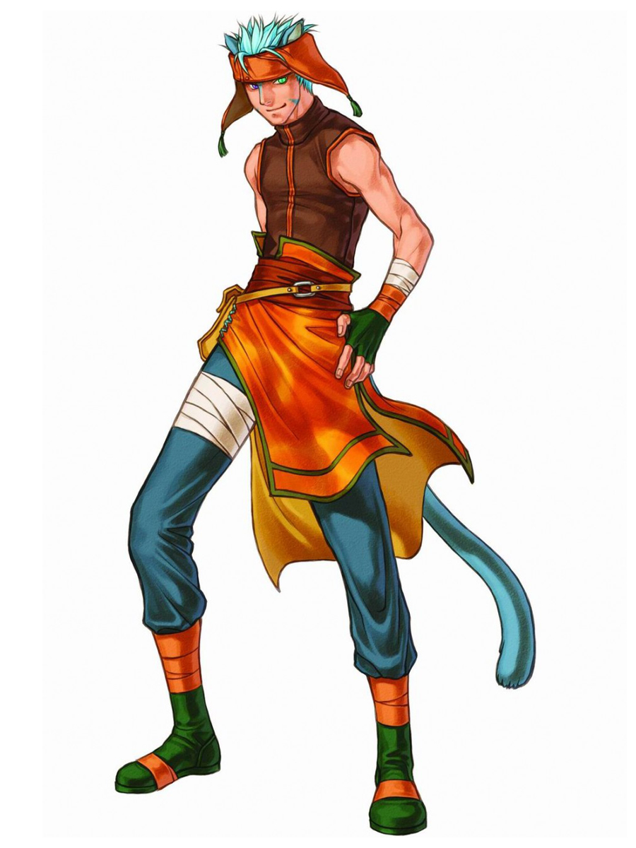 kita senri, ranulf (fire emblem), fire emblem, fire emblem: path of radiance, fire emblem: radiant dawn, nintendo, highres, official art, 1boy, animal ears, blue hair, fingerless gloves, gloves, heterochromia, male focus, simple background, solo, tail, white background