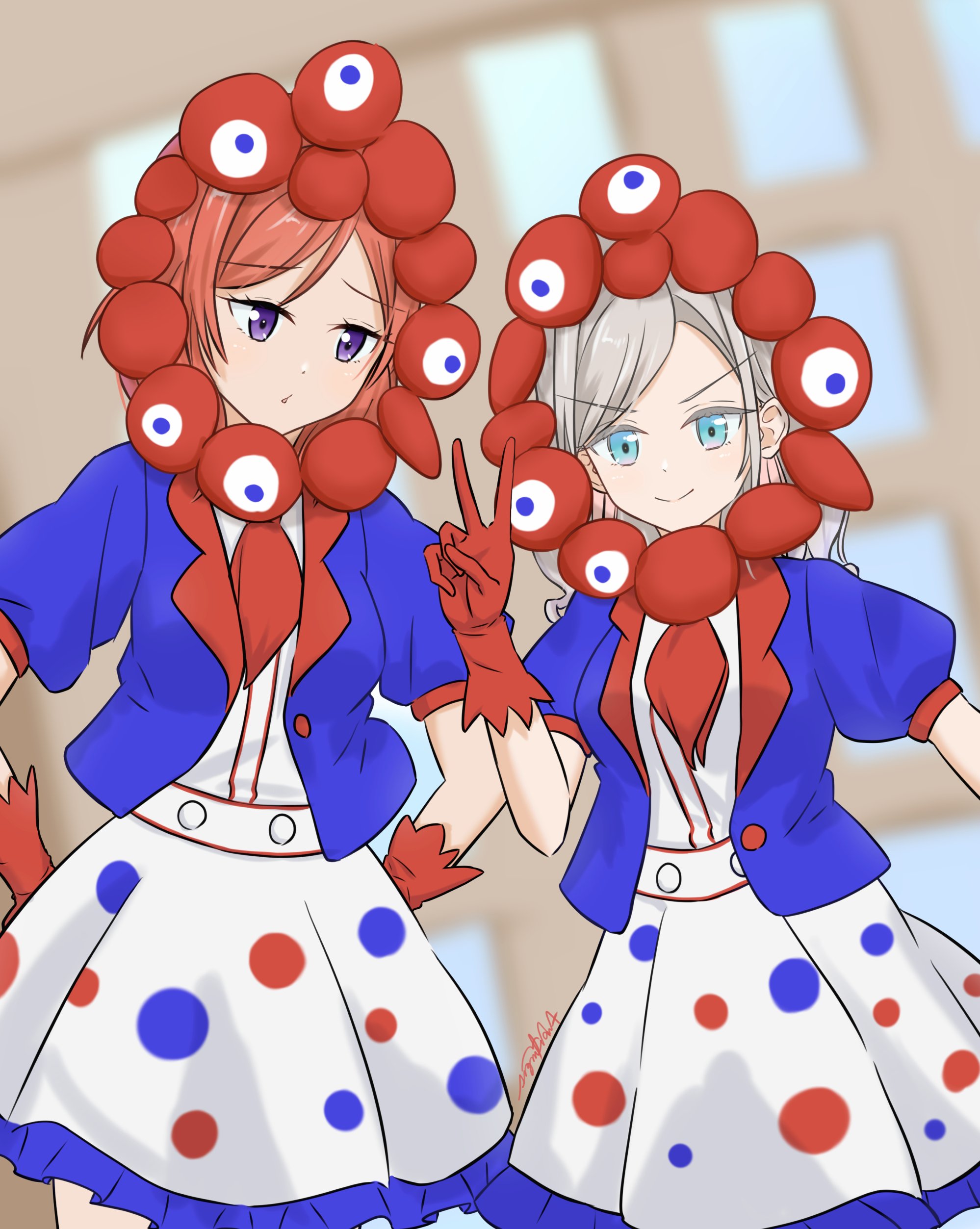 signifiant, ceras yanagida lilienfeld, myaku-myaku, nishikino maki, expo2025, link! like! love live!, love live!, love live! school idol project, absurdres, commentary request, highres, >:), 2girls, blue eyes, blue jacket, closed mouth, cowboy shot, frilled skirt, frills, gloves, grey hair, jacket, medium hair, multiple girls, neckerchief, official alternate costume, open clothes, open jacket, parted lips, puffy short sleeves, puffy sleeves, purple eyes, red gloves, red neckerchief, shirt, short-sleeved jacket, short sleeves, skirt, smile, split mouth, v, v-shaped eyebrows, virtual youtuber, white shirt, white skirt
