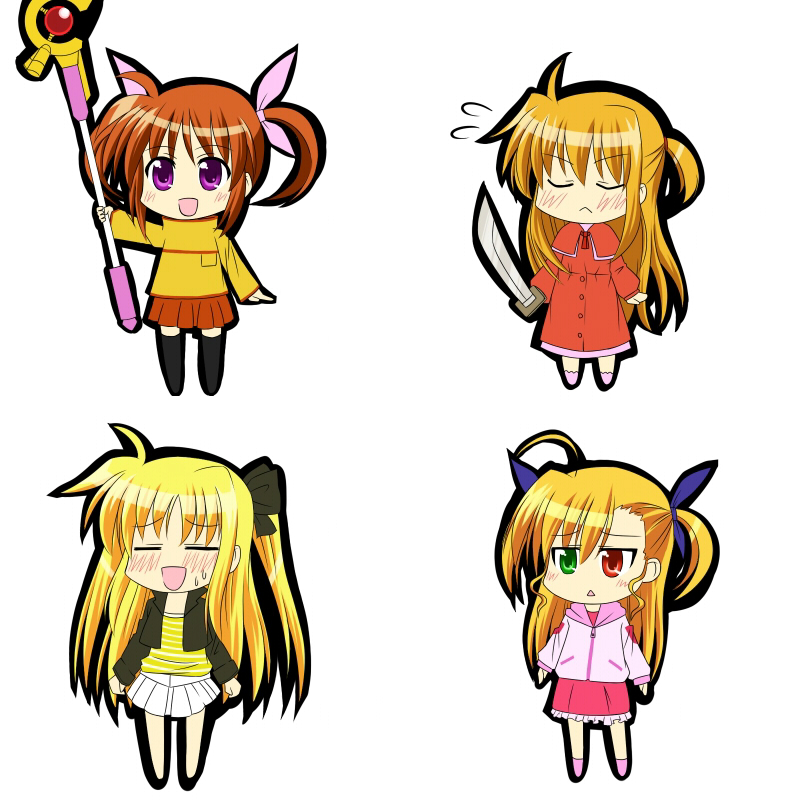 tadokoro teppei, arisa bunnings, fate testarossa, raising heart, raising heart (device mode), takamachi nanoha, vivio, lyrical nanoha, mahou shoujo lyrical nanoha, mahou shoujo lyrical nanoha strikers, 00s, 4girls, ahoge, blonde hair, blush, brown hair, chibi, closed eyes, coat, hair ribbon, heterochromia, long hair, multiple girls, orange shirt, ribbon, shirt, skirt, sword, thighhighs, twintails, weapon