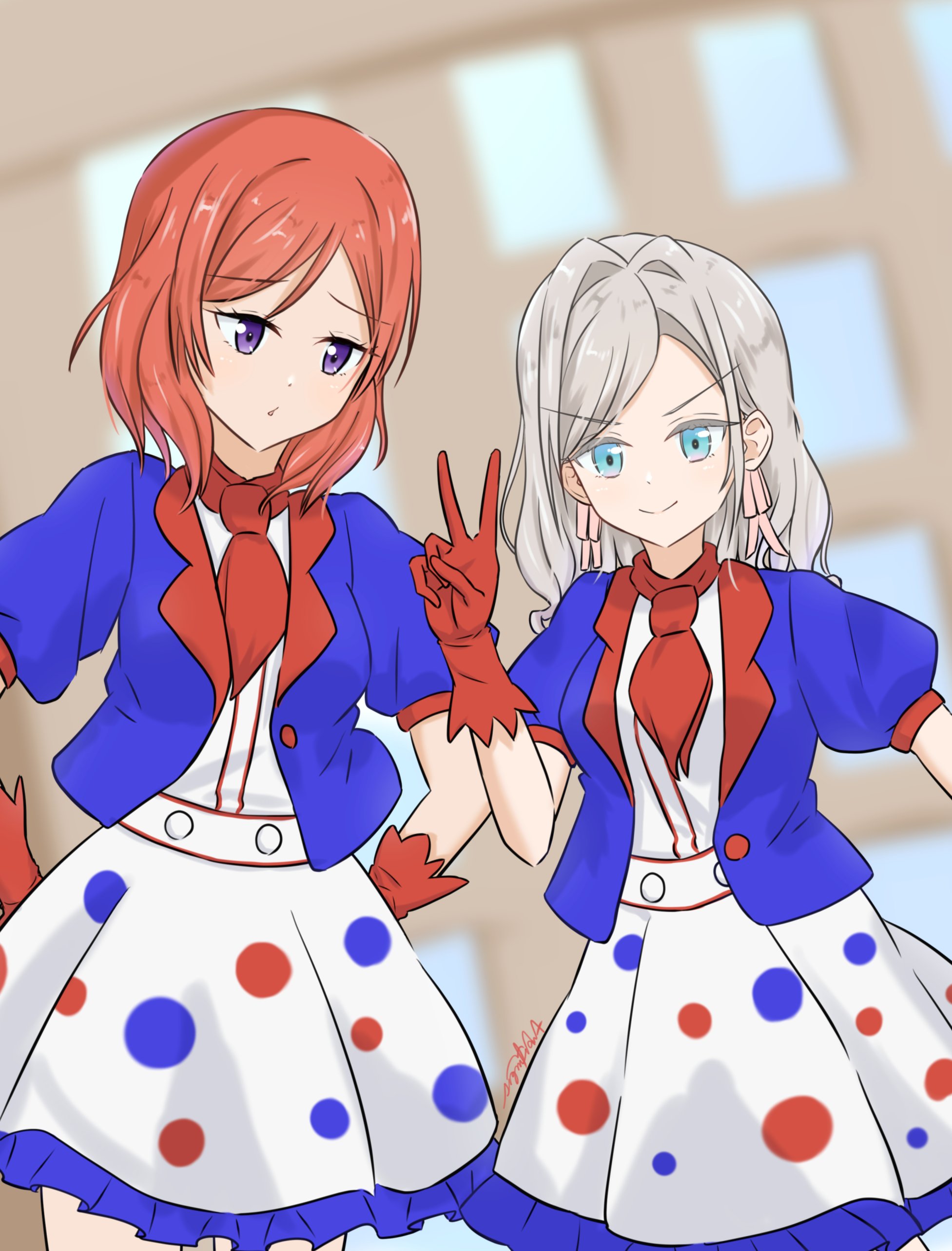 signifiant, ceras yanagida lilienfeld, nishikino maki, expo2025, link! like! love live!, love live!, love live! school idol project, absurdres, commentary request, highres, >:), 2girls, blue eyes, blue jacket, cowboy shot, frilled skirt, frills, gloves, grey hair, jacket, medium hair, multiple girls, neckerchief, official alternate costume, open clothes, open jacket, parted lips, puffy short sleeves, puffy sleeves, purple eyes, red gloves, red neckerchief, shirt, short-sleeved jacket, short sleeves, skirt, v-shaped eyebrows, white shirt, white skirt