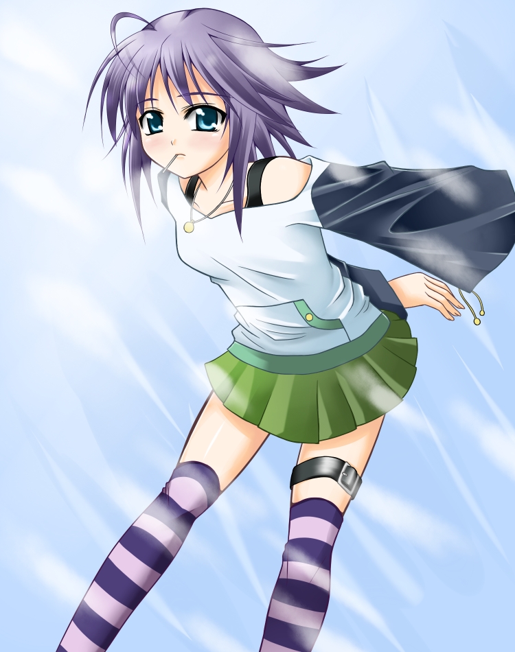 tadokoro teppei, shirayuki mizore, rosario+vampire, bad id, bad pixiv id, 00s, 1girl, ahoge, blue eyes, candy, female focus, food, lollipop, purple hair, short hair, skirt, solo, striped clothes, striped thighhighs, thigh strap, thighhighs, zettai ryouiki