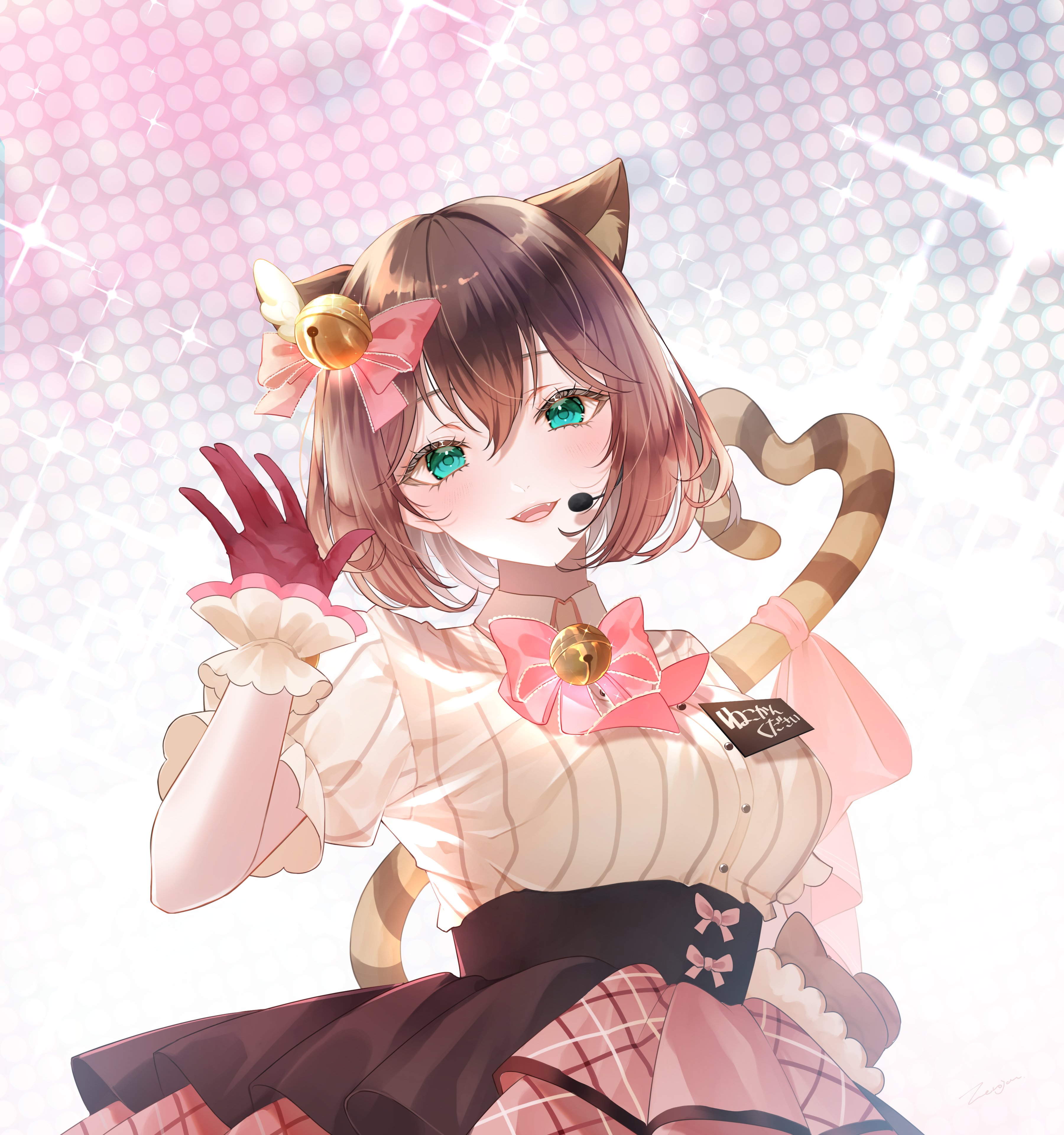 ameno jo, fumino tamaki, nijisanji, absurdres, highres, 1girl, animal ear fluff, animal ears, aqua eyes, bell, blush, breasts, brown hair, cat ears, cat girl, cat tail, fangs, fumino tamaki (7th costume), gloves, hair bell, hair between eyes, hair ornament, headset, heart, heart tail, jingle bell, looking at viewer, medium breasts, medium hair, neck bell, official alternate costume, open mouth, red gloves, solo, sparkle, tail, virtual youtuber