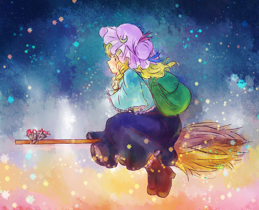 sada noriko, sunata, alice margatroid, fujiwara no mokou, kawashiro nitori, kirisame marisa, patchouli knowledge, touhou, 1girl, backpack, bag, blonde hair, broom, broom riding, chimera, chimerism, colorful, female focus, fusion, hat, profile, randoseru, solo
