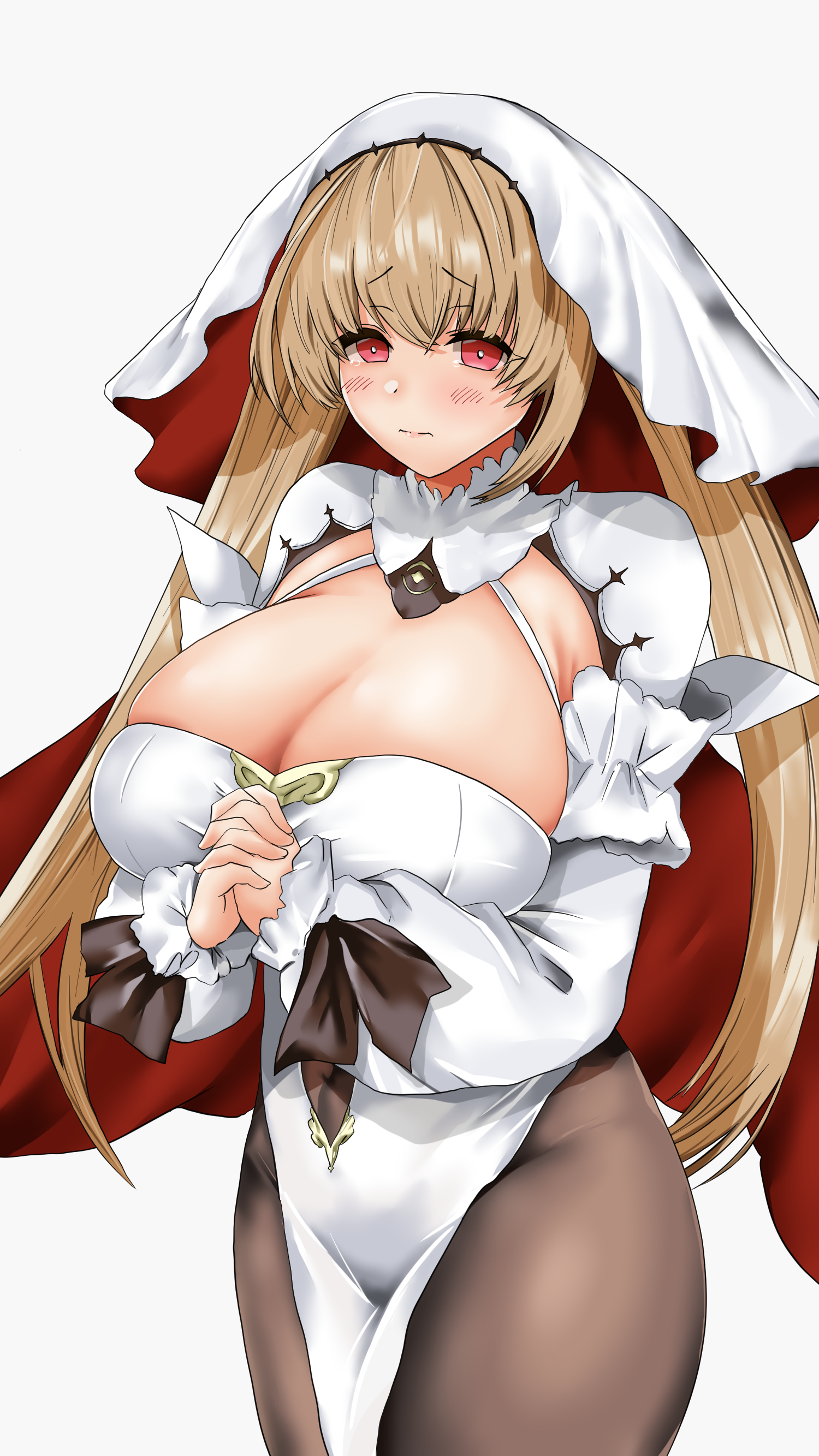 takeshiki no hirata, kersaint (azur lane), azur lane, absurdres, commentary request, highres, 1girl, black pantyhose, blonde hair, breasts, cleavage, cleavage cutout, closed mouth, clothing cutout, cowboy shot, dress, hair between eyes, huge breasts, long hair, long sleeves, looking at viewer, no panties, own hands clasped, own hands together, pantyhose, pelvic curtain, red eyes, simple background, solo, standing, veil, white background, white dress
