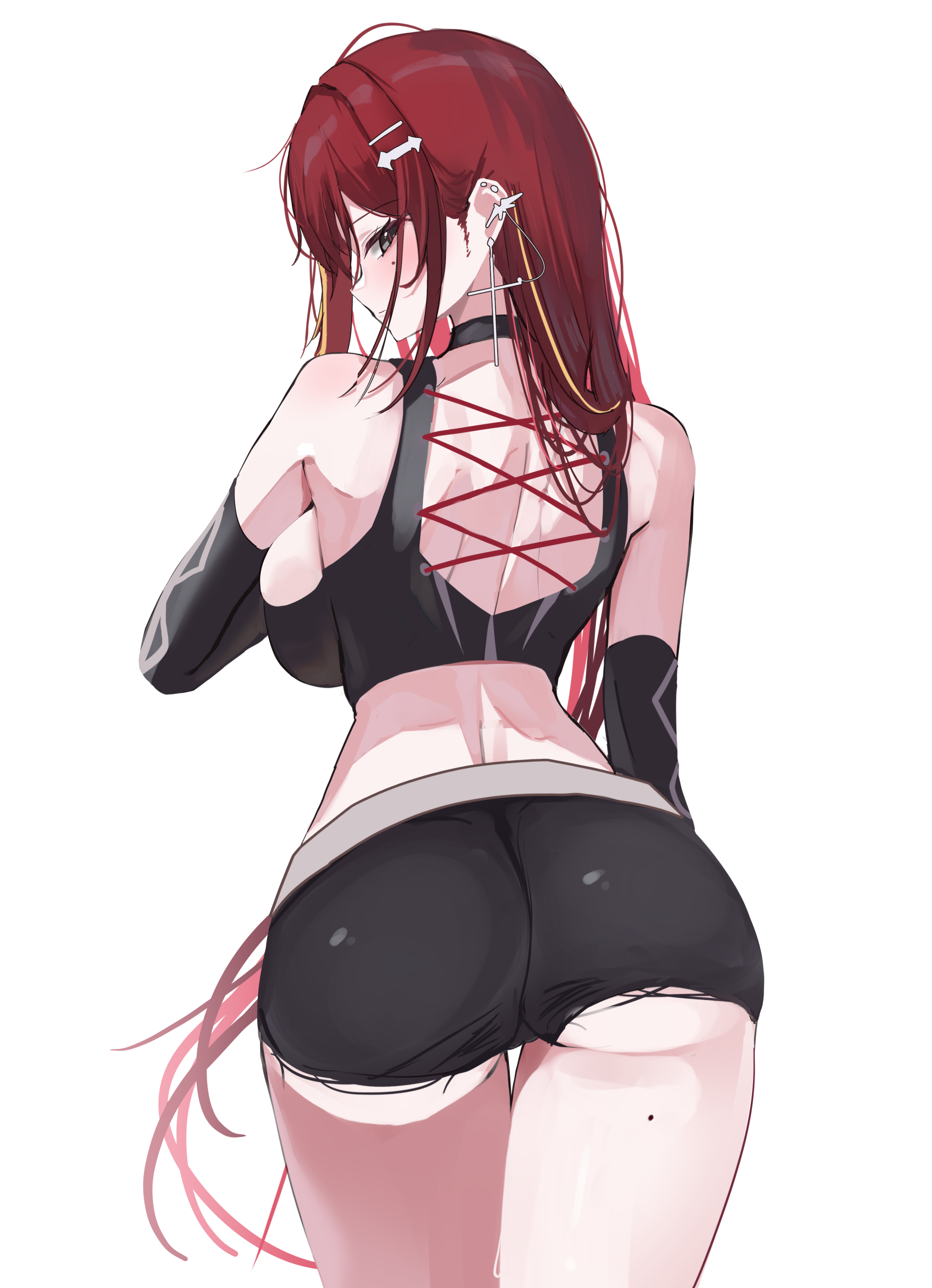 yeomhwauranyum, akane lize, stellive, absurdres, highres, 1girl, ass, bare shoulders, black choker, black eyes, black shirt, black shorts, breasts, choker, crop top, cross, cross earrings, detached sleeves, earrings, from behind, jewelry, large breasts, long hair, looking at viewer, looking back, median furrow, midriff, mole, mole on cheek, mole on thigh, multicolored hair, red hair, shirt, short shorts, shorts, simple background, sleeveless, sleeveless shirt, solo, streaked hair, thighs, torn clothes, torn shorts, virtual youtuber, white background