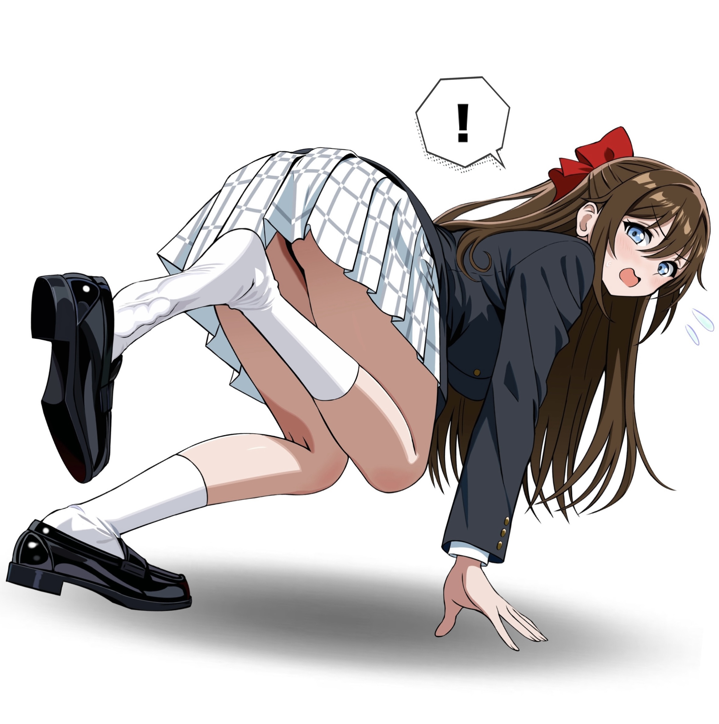 zaofeng, osaka shizuku, love live!, love live! nijigasaki high school idol club, highres, !, 1girl, all fours, ass, blazer, blue eyes, blush, brown hair, jacket, loafers, long hair, looking to the side, open mouth, pleated skirt, red ribbon, ribbon, shirt, shoe dangle, shoes, skirt, socks, solo, spoken exclamation mark, thighs, very long hair, white background, white shirt, white socks