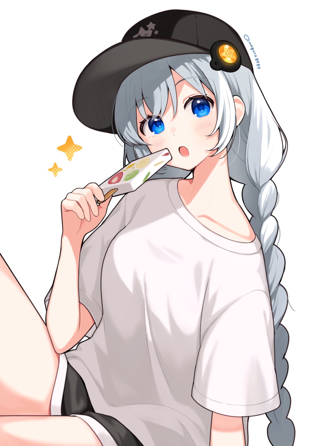 binchou maguro, kizuna akari, vocaloid, voiceroid, commentary, highres, symbol-only commentary, 1girl, :o, black hat, black shorts, blue eyes, blush, braid, collarbone, cowboy shot, food, grey hair, hat, holding, holding food, holding popsicle, long hair, looking at viewer, open mouth, popsicle, shirt, short sleeves, shorts, simple background, sitting, solo, sparkle, twin braids, white background, white shirt