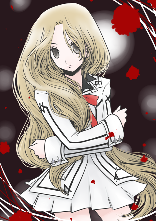 yusorate, souen luca, souen ruka, vampire knight, striped, bad id, bad pixiv id, 00s, 1girl, blonde hair, blood, crossed arms, female focus, grey eyes, long hair, school uniform, skirt, solo, vampire, very long hair