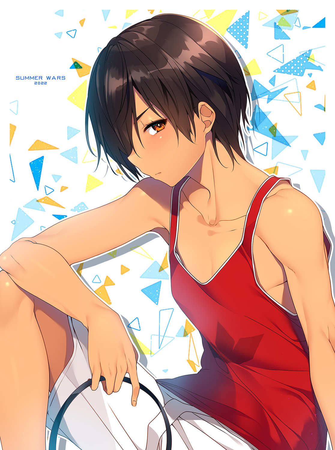 kagetsu kei, ikezawa kazuma, summer wars, commentary request, highres, 1boy, 2022, abstract background, arm on knee, brown eyes, brown hair, closed mouth, collarbone, copyright name, dark-skinned male, dark skin, from side, hair over one eye, holding, knee up, looking at viewer, male focus, one eye covered, outline, red tank top, short hair, shorts, sitting, solo, tank top, white outline, white shorts